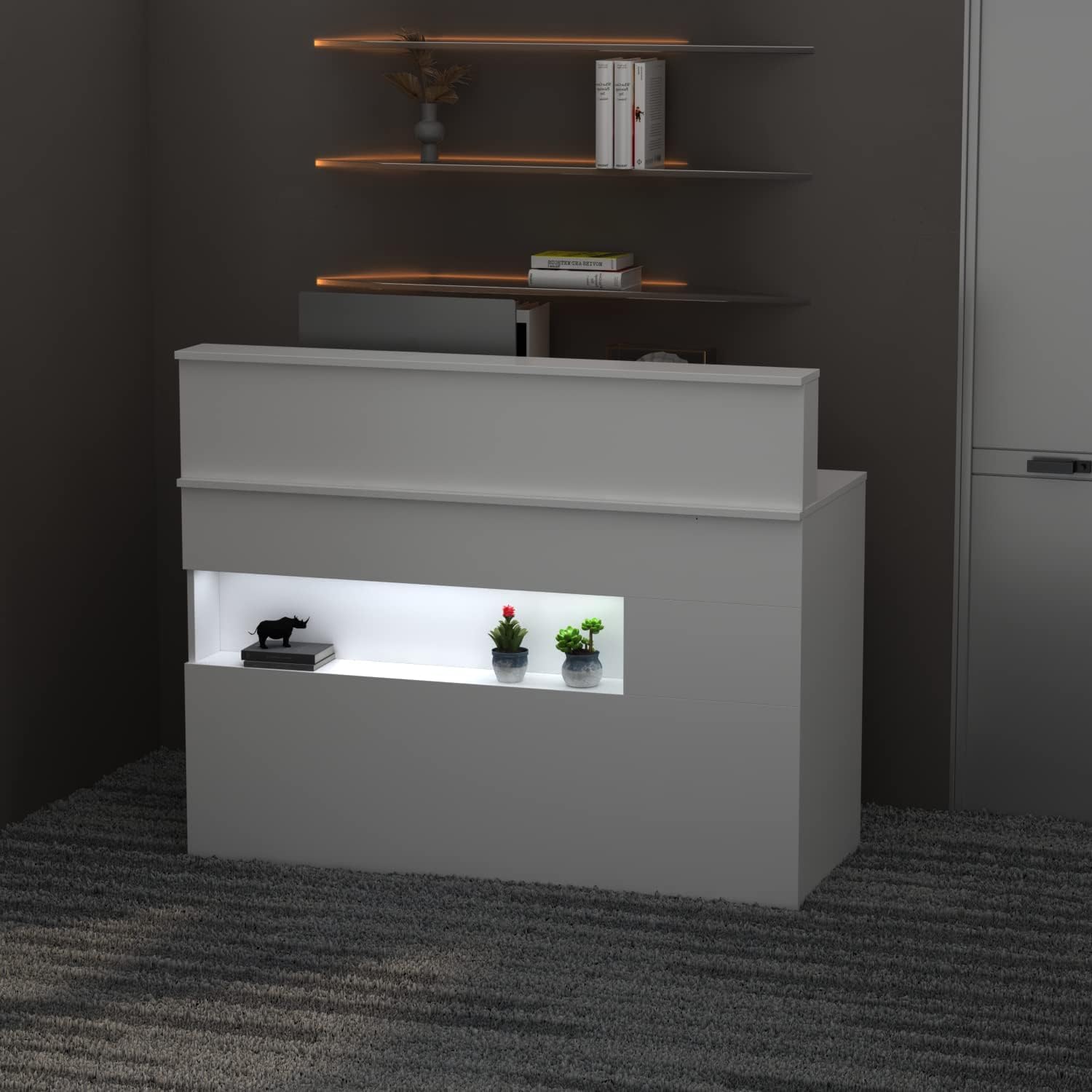 Empfangstheke,Begrüßungstheke mit LED-Lichtern,Rezeptionstheke mit 2 Schubladen,Empfangstisch mit Tür+Tastaturschublade,abschließbar,für Cafe,Tierkliniken,Restaurant,120x50x100cm,weiß