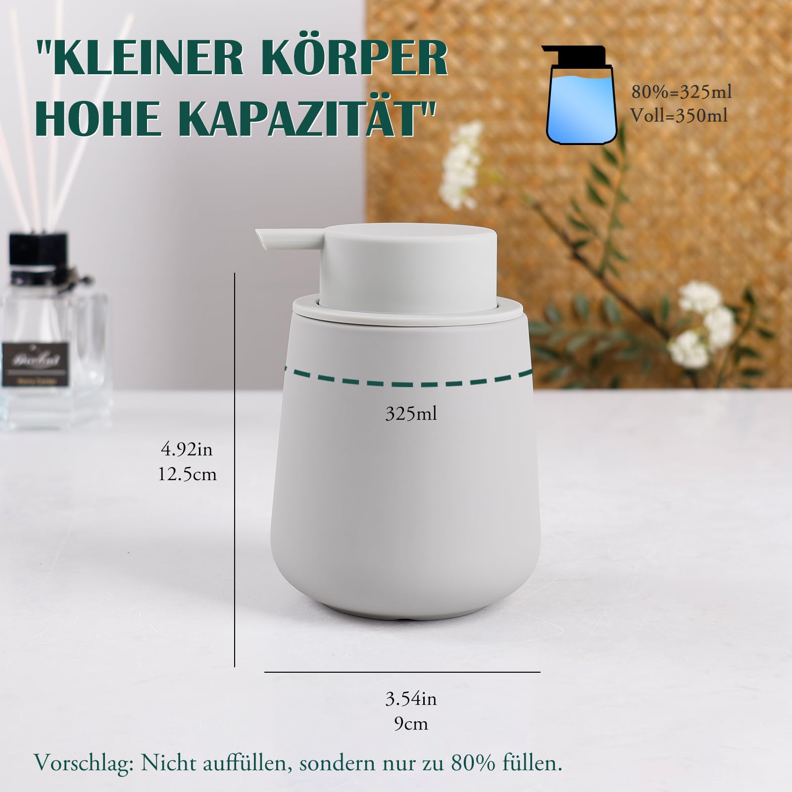 BosilunLife Keramik Seifenspender, 350 Ml – BPA-frei, Rutschfest, Mit Großem Pumpenkopf Für Küche & Bad, Weiß