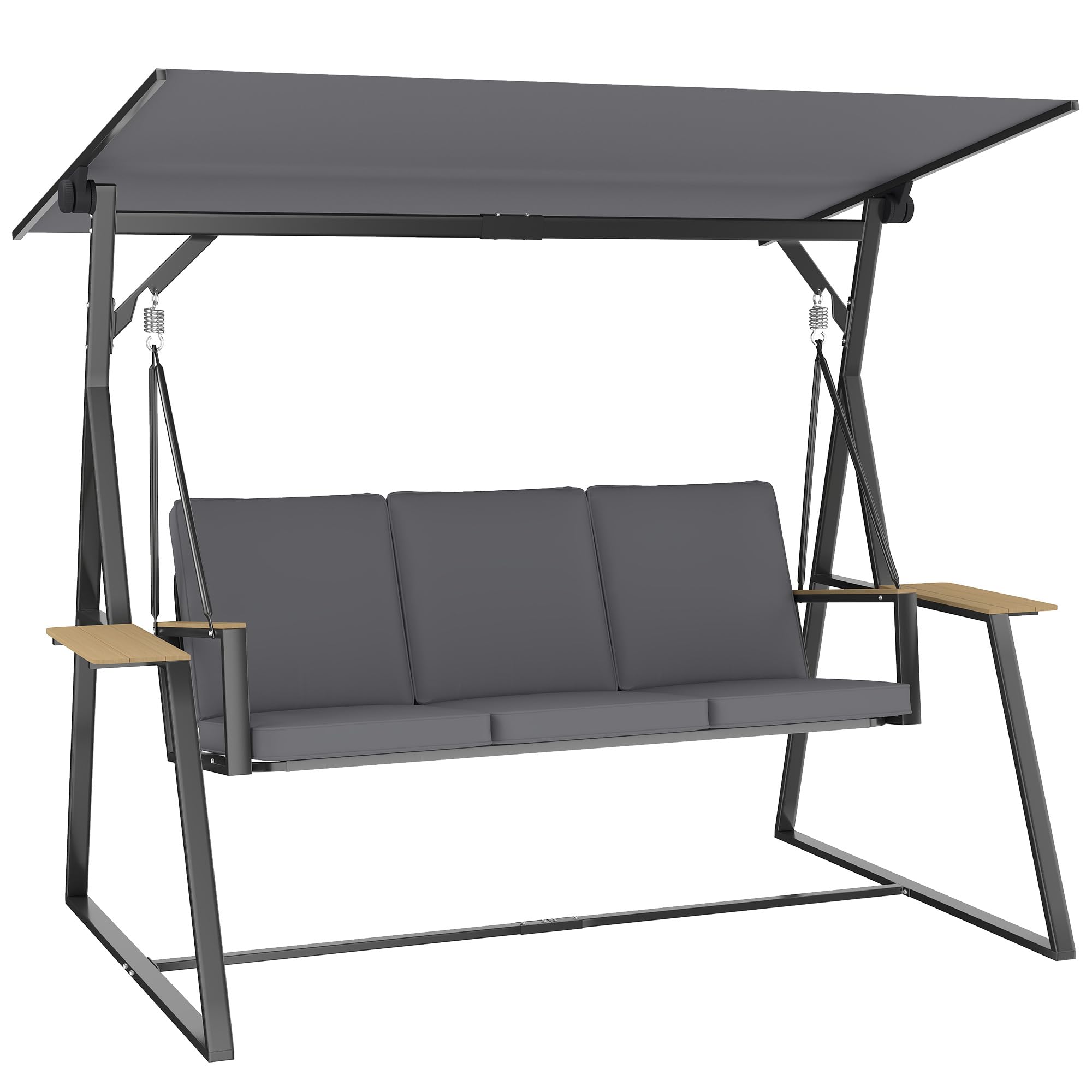 Outsunny 3-Sitzer Hollywoodschaukel mit Verstellbarem Dach 360 kg Grau | Gartenschaukel, Kissen, Getränkeablagen, Stahlrahmen, für Terrasse, Veranda