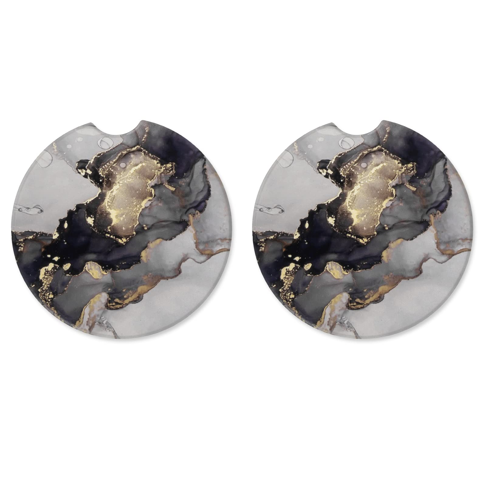 HIDAHE Car Coasters Pack of 2, Car Cupholders Durable Ceramic Absorbent Coaster Set, Drink Cup Holder Coasters, Car Accessories for Women Men, Small 2.56" Diameter, Black Marble