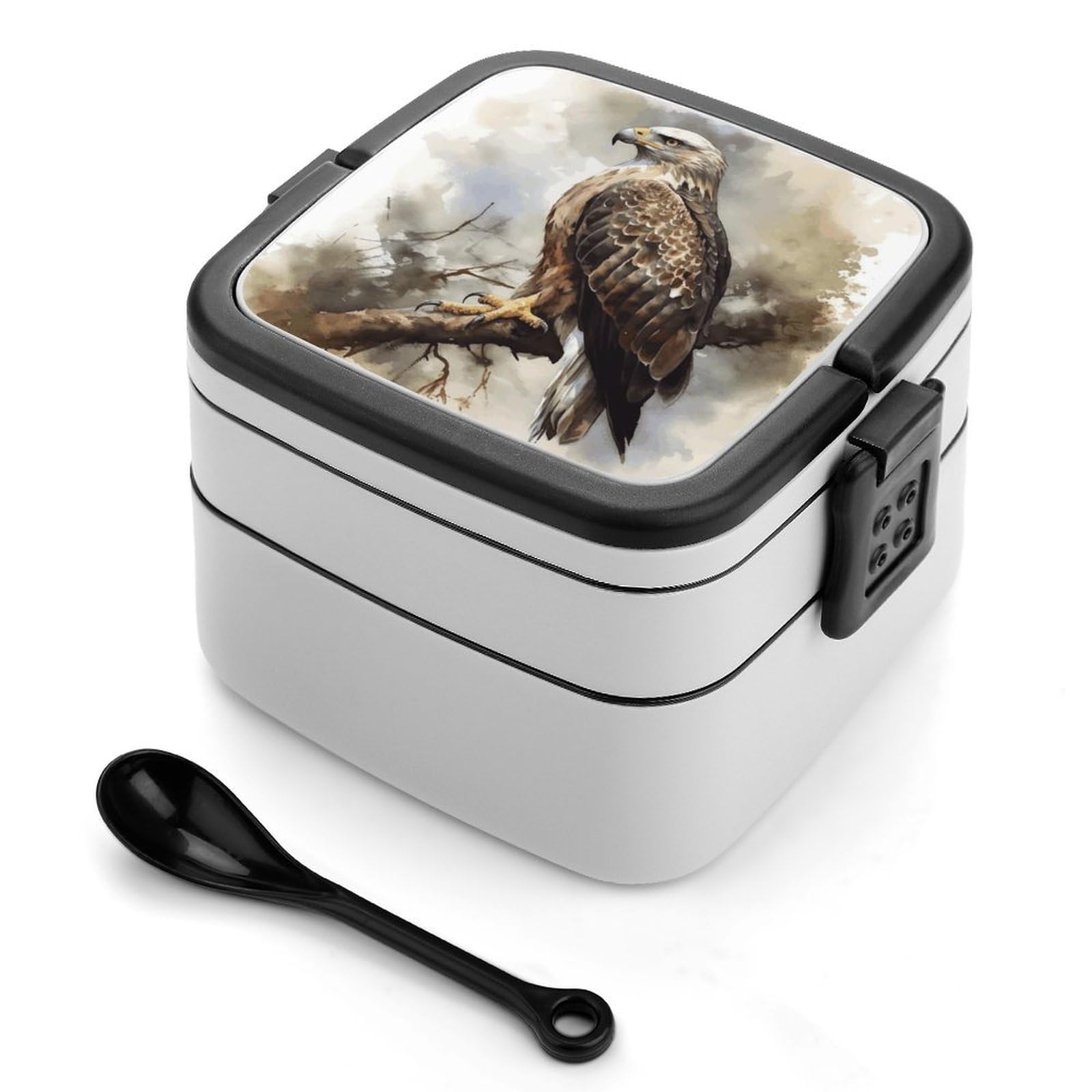FekiLoot Watercolor of Hawk Sitting in The Tree Bento Box Adult Lunch Box Sealed Bento Lunch Boxes with Spoon Sturdy Double Layer Bento Boxes Snap-on Design Leak Proof Lunch Containers Ideal for Work