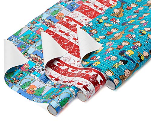 American Greetings Paper and Foil Christmas Bulk Gift Wrapping Paper Bundle, 3 Rolls; Peanuts, Snoopy and Charlie Brown, 60 Total sq. ft.