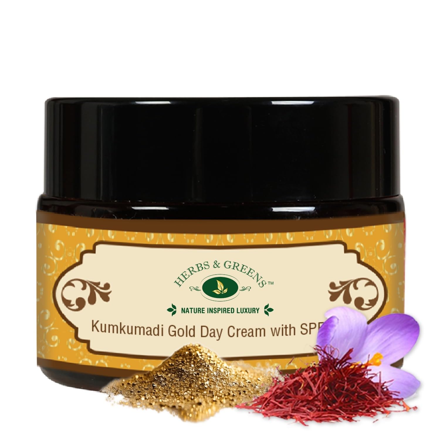 Herbs & Greens Kumkumadi SPF 50 UVA/UVB. PA++++ Gold Face Cream With 24k Gold | Lab Tested Broad Spectrum Protection | Skin Brightening Dark Spots/ Pigmentation, Anti Aging Hydrating Moisturizer For Woman & Men | Oily, Dry, Acne Prone Skin, Dermatologically Tested | 50 gm