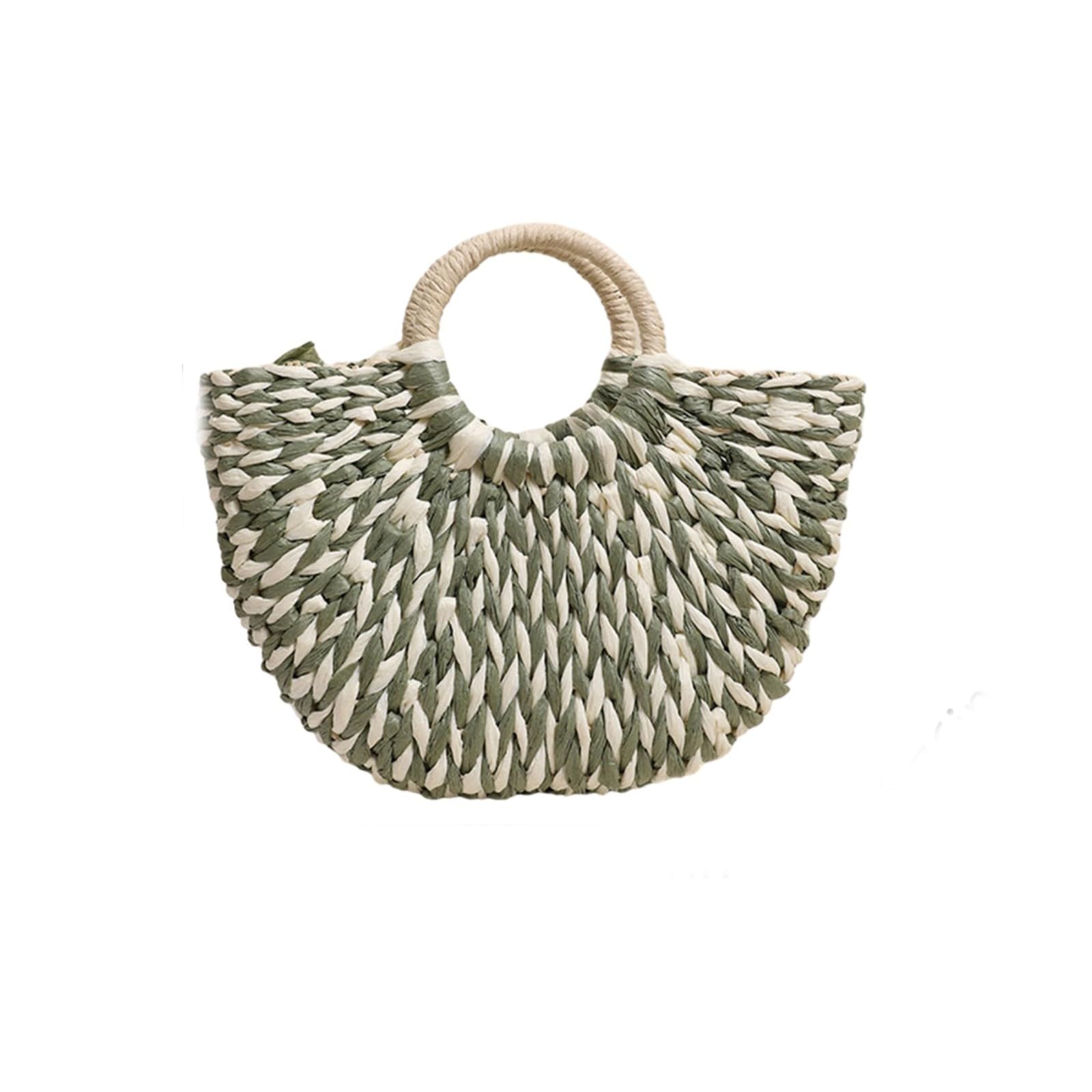 Borsa di Paglia Donna Viaggio Casual Grande capacità Tessuta Fatta A Mano delle Donne, Semicircolare-Green