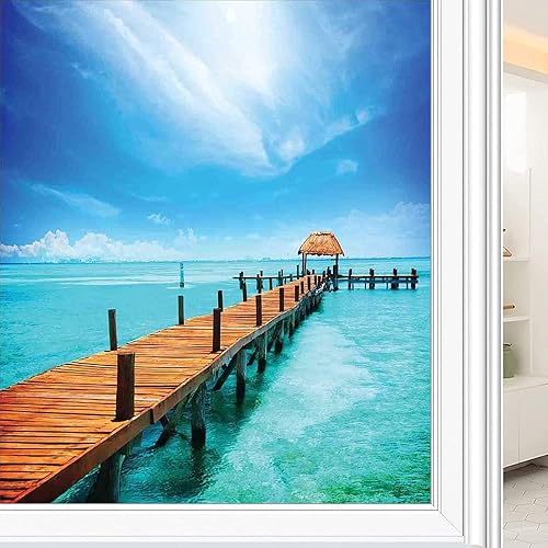 Miniatura 1 de Película tropical 3D para ventana, diseño exótico hawaiano de madera con diseño de muelle de madera cálida en el océano, tema pastoral de vacaciones