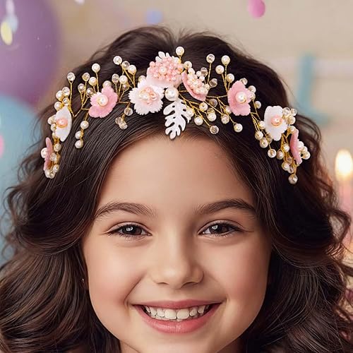 Campsis Diadema de boda rosa para niña de flores, diademas florales de cristal perla, accesorios para el cabello nupcial de hojas para niñas