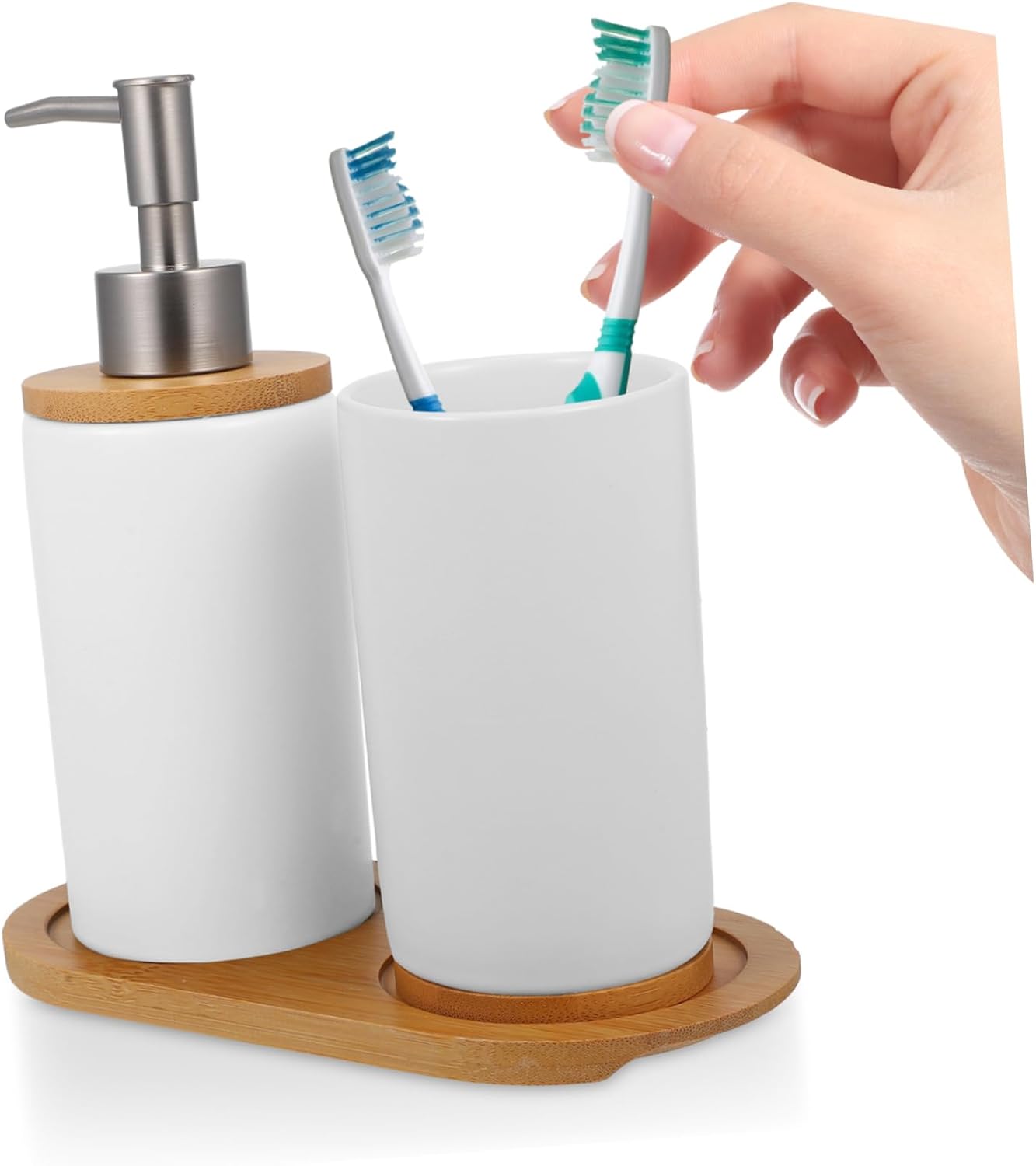Bathroom Accessories Set Minimalist Ceramic Toothbrush Holder Manual Lotion Dispenser and Cup Elegant White Design for Daily Use and Gift Giving