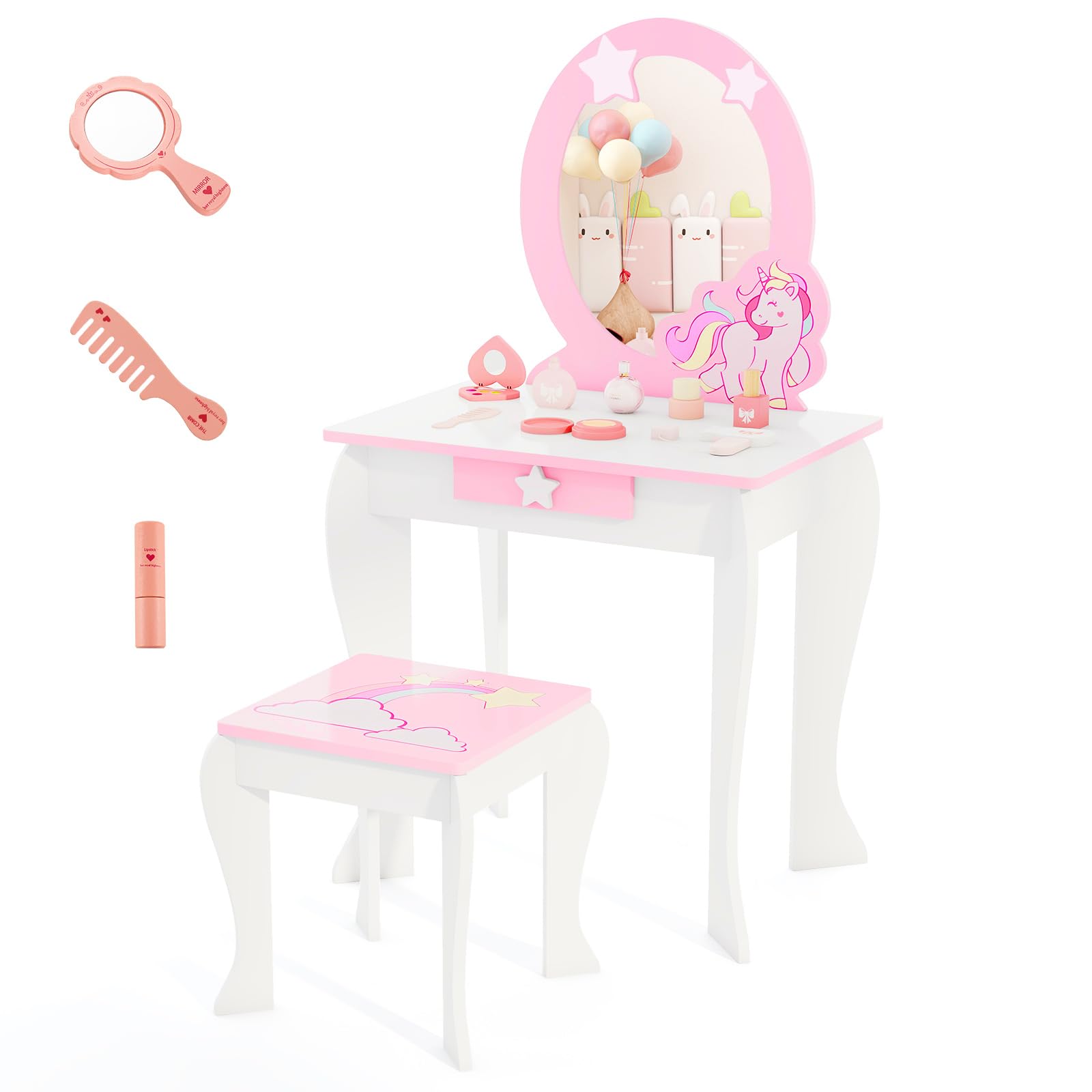 COSTWAY Tocador de Maquillaje con Taburete y Espejo para Niña Mesa de Maquillaje con Cajón Tocador Princesa de Madera para Niñas de 3-7 Años, Tocador Niña (Blanco)