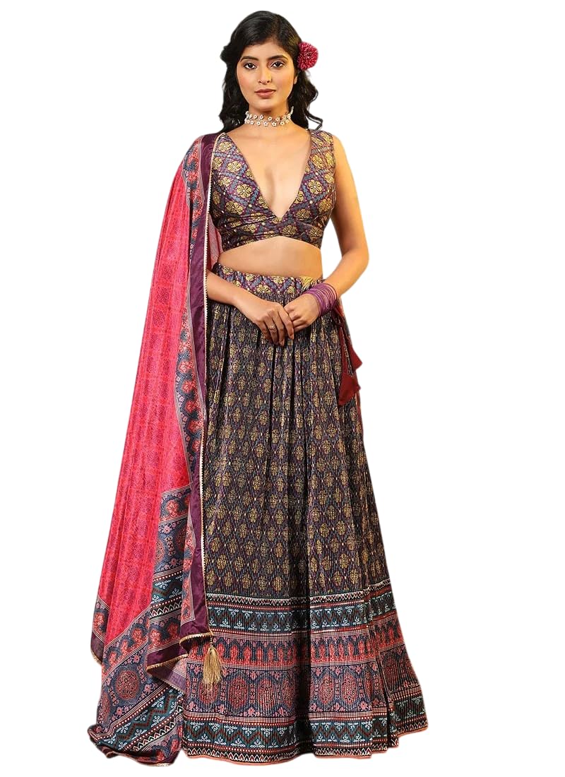 Women's Multicolored Satin Silk Digital Printed Work A Line Lehenga-image-21