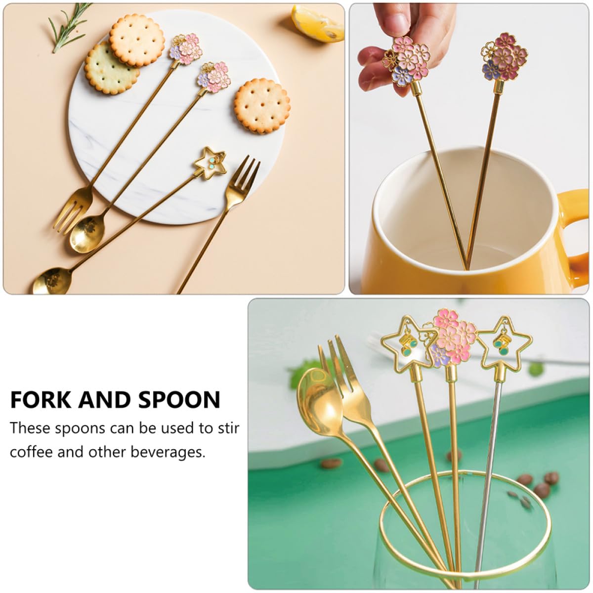 SHOWERORO 8 Piezas Cuchara De Flor De Cerezo Cucharas De Cafe Mini Tenedores Cuchara De Café Japonesa Cuchara Bistró Cucharas Para Cocteles Cuchara De Mesa Acero Inoxidable Golden