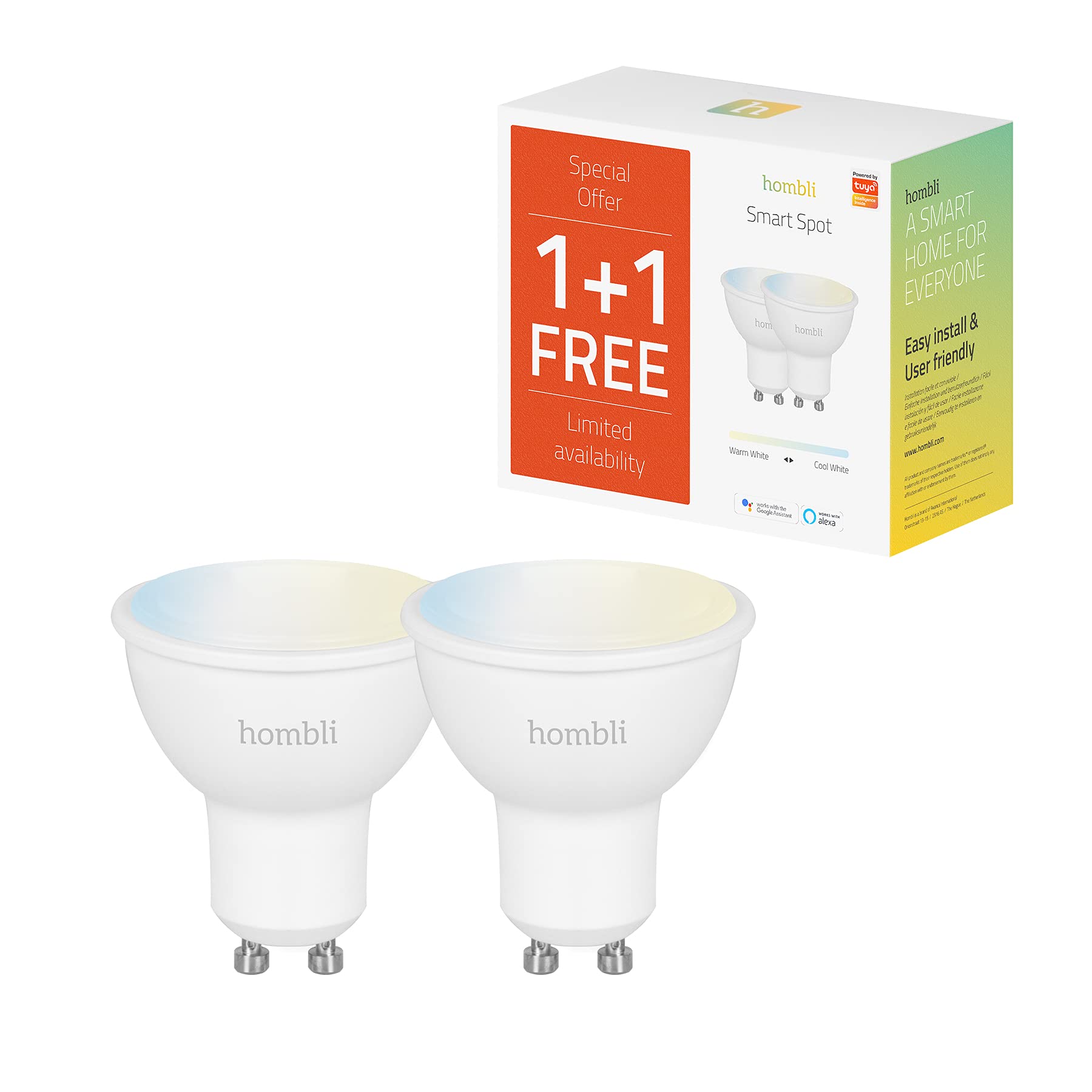 Hombli Hombli 2er Pack Smarte Glühbirne | GU10 Dimmbares Warmweißes bis Kaltweiß Licht | 4.5W, 300 Lumen, CCT | Einfache Installation | Sprachsteuerung | Kompatibel mit Google, Alexa & Siri