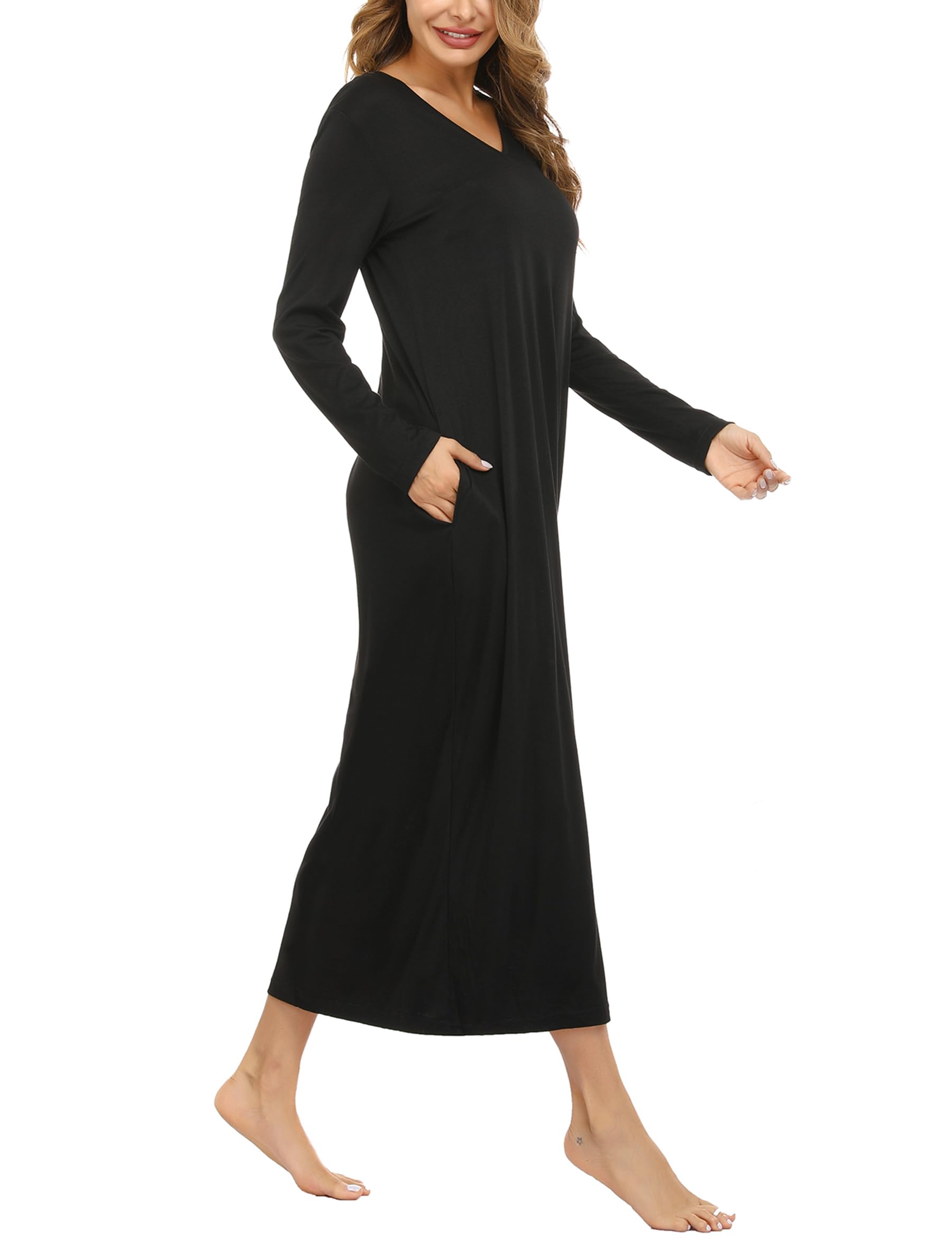 Sykooria Camicia da Notte Manica Lunga Donna a V Camice da Notte in Cotone Lungo Camicia da Notte Invernale con Tasche,Pigiama Comodo Ampio Tinta Unita Abbigliamentoda Casa S-3XL