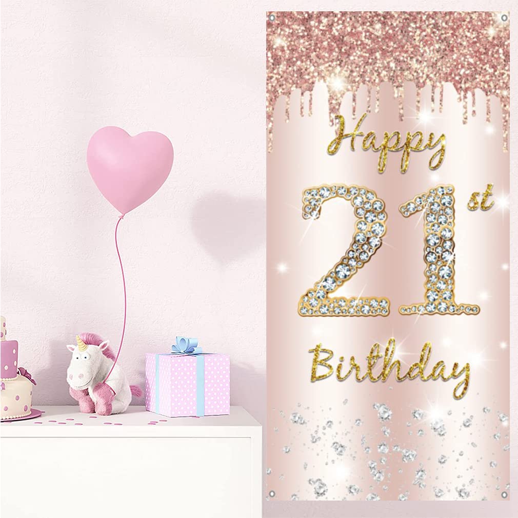 21. urodziny dziewczyna dekoracja, Happy 21st Birthday Door baner różowe złoto, 21. urodziny materiał szyld szyld plakat dekoracja drzwi, 21. urodziny tło baner, przyjęcie urodzinowe tabliczka powitana