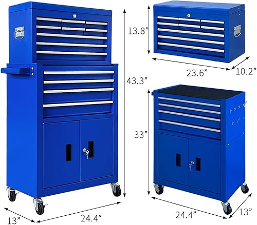 Miniatura 3 de Caja de herramientas con ruedas de 13 cajones con manija de doble puerta, gabinete de almacenamiento de herramientas de gran capacidad con cajones,