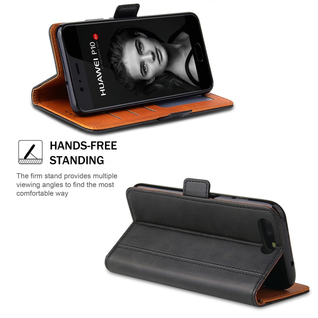 Bozon Leder-Hüllen Für Huawei P10, Flipcase Mit Kartenfächern & Ständer – Schwarz