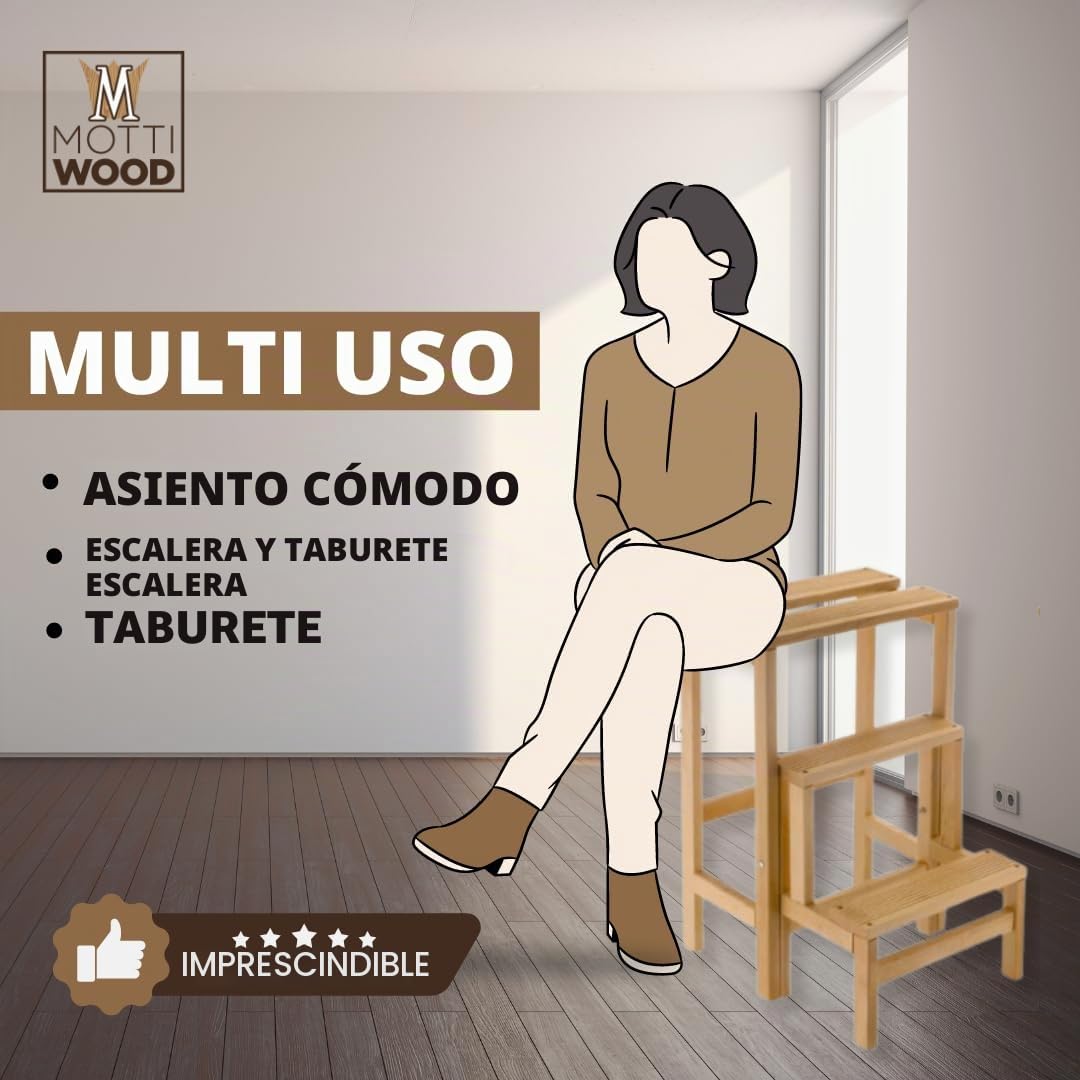 Taburete con escalera de madera de haya natural plegable, ahorra espacio, 3 peldaños