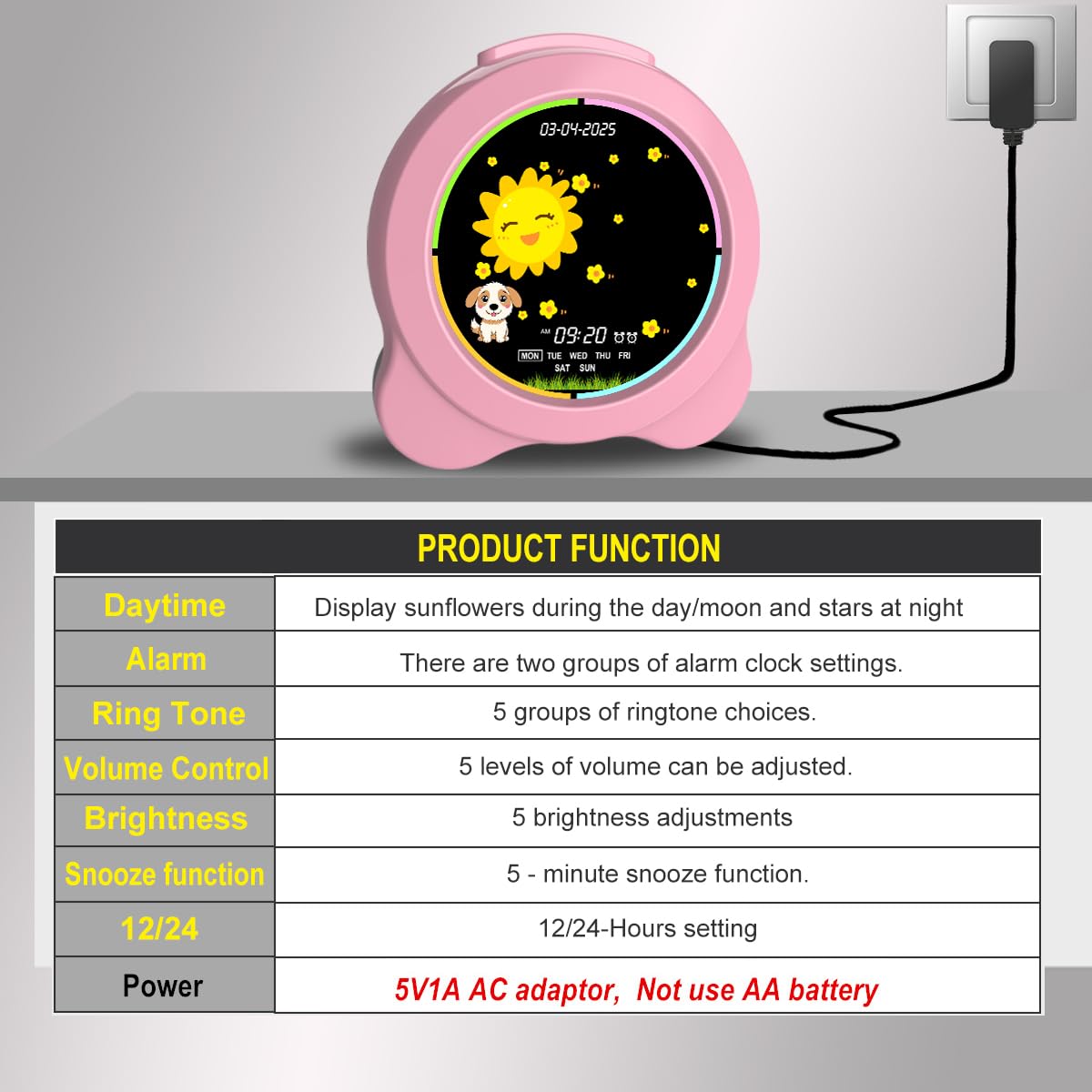 Kinderwecker Sonne & Mond LED-Anzeige mit Tag & Datum OK to Wake Uhr mit Nachtlicht für Kinder Kinder Schlaftrainer Geschenk für Jungen und Mädchen (Rosa)