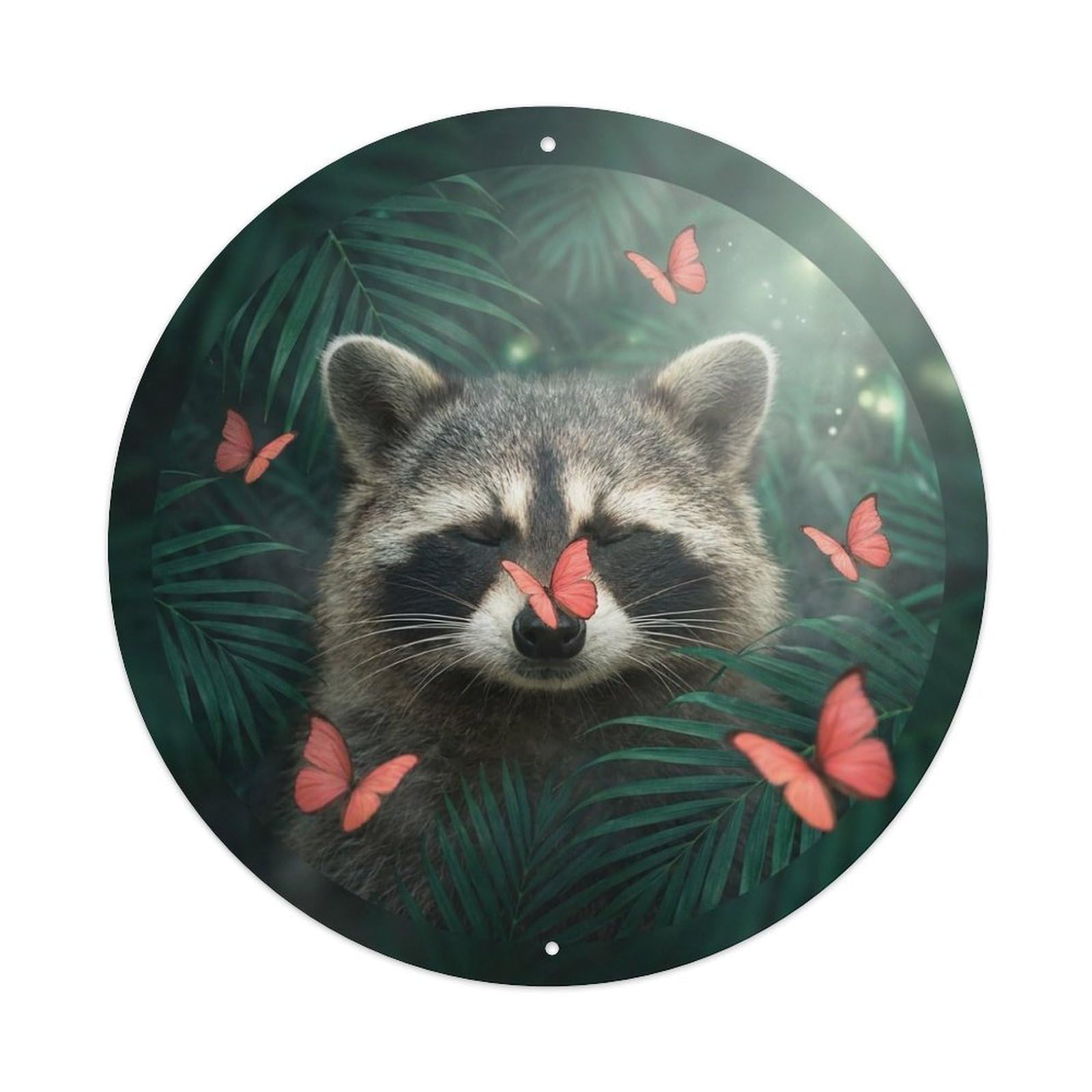 Raccoon Cute Wildlife Coral Butterfly Woodland Pastel Kawaii Metal Tin Sign Plaque Wall Decor for Cafe, Man Cave, Club Bar, Office, Home Garden Round Metal Poster 8x8Inch