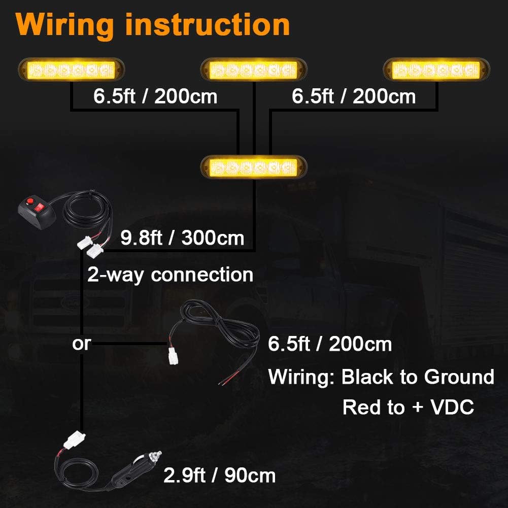 AT-HAIHAN 4 in 1 Waterproof Surface Mount and Grille Sync Flashing LED Amber Strobe Lights for Trucks Construction Vehicles Safety Car Hazard Warning Lighting