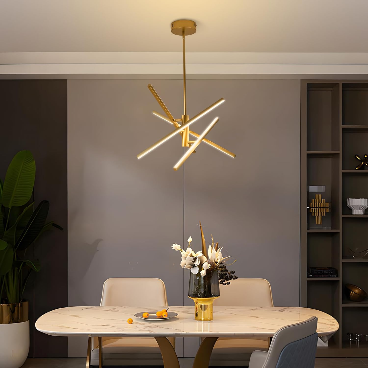 Modern Gold Chandelier Light Fixtures: 2 Pack LED 4-Light Sputnik Dining Room Chandeliers Linear Pendant Lights Fixture Over Table Dimmable with Remote for Kitchen Island Living Room