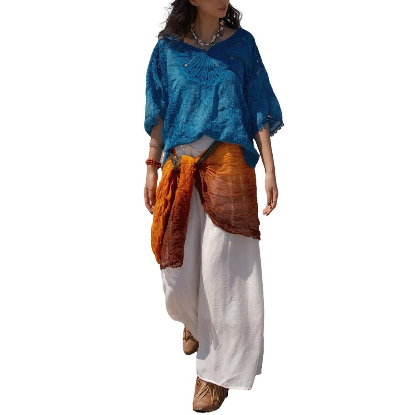 Top Estivo da Donna A Maniche Corte In Crochet Modello Boho Ampio con Maniche A Pipistrello E Lavorazione Traforata