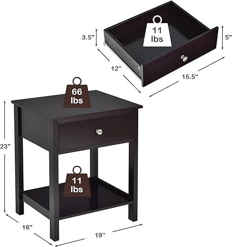 Miniatura 3 de COSTWAY Mesita de noche con cajón Estante de almacenamiento Mesita de noche de madera Sofá Mesa auxiliar Marrón