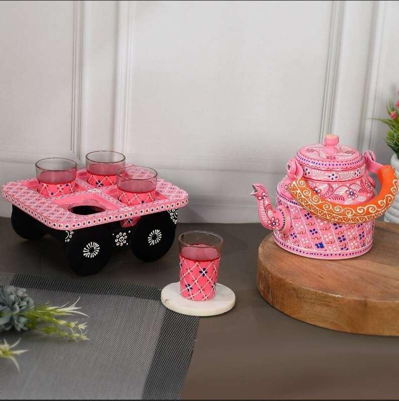 Asmita Craft HandPainted Alluminium Pink Tea Kettle with Four Glasses and Wooden Tray For Home Dcor Tea Party Serving
