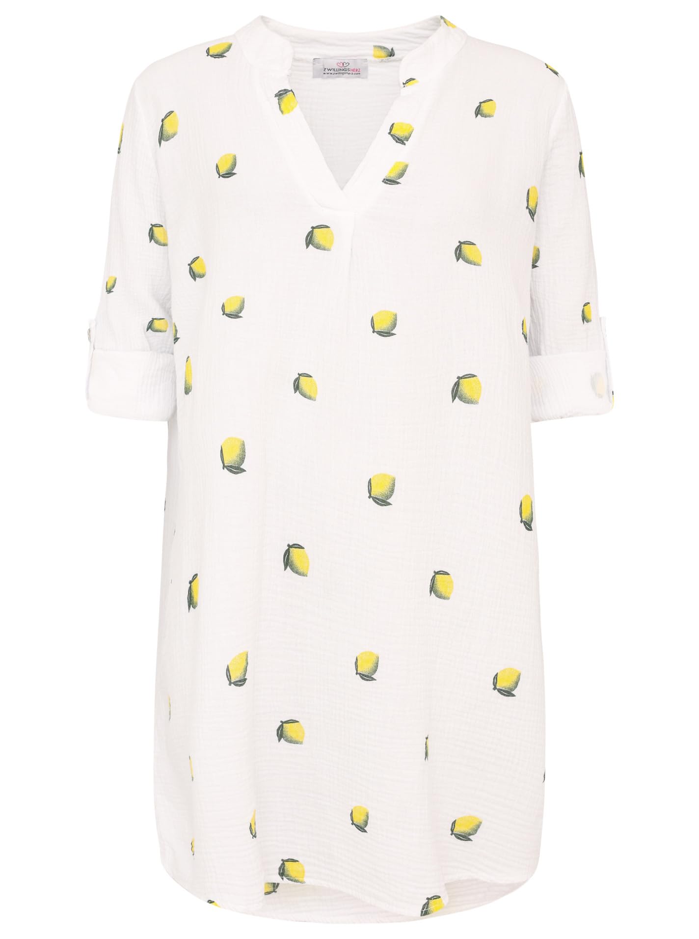 Zwillingsherz Damen Longbluse Tunika Weiß mit Zitronen Print – Sommer Blusenkleid aus 100% Baumwolle – Luftiges Longshirt mit V-Ausschnitt und 3/4 Arm – Leichte Strandtunika für Urlaub Freizeit