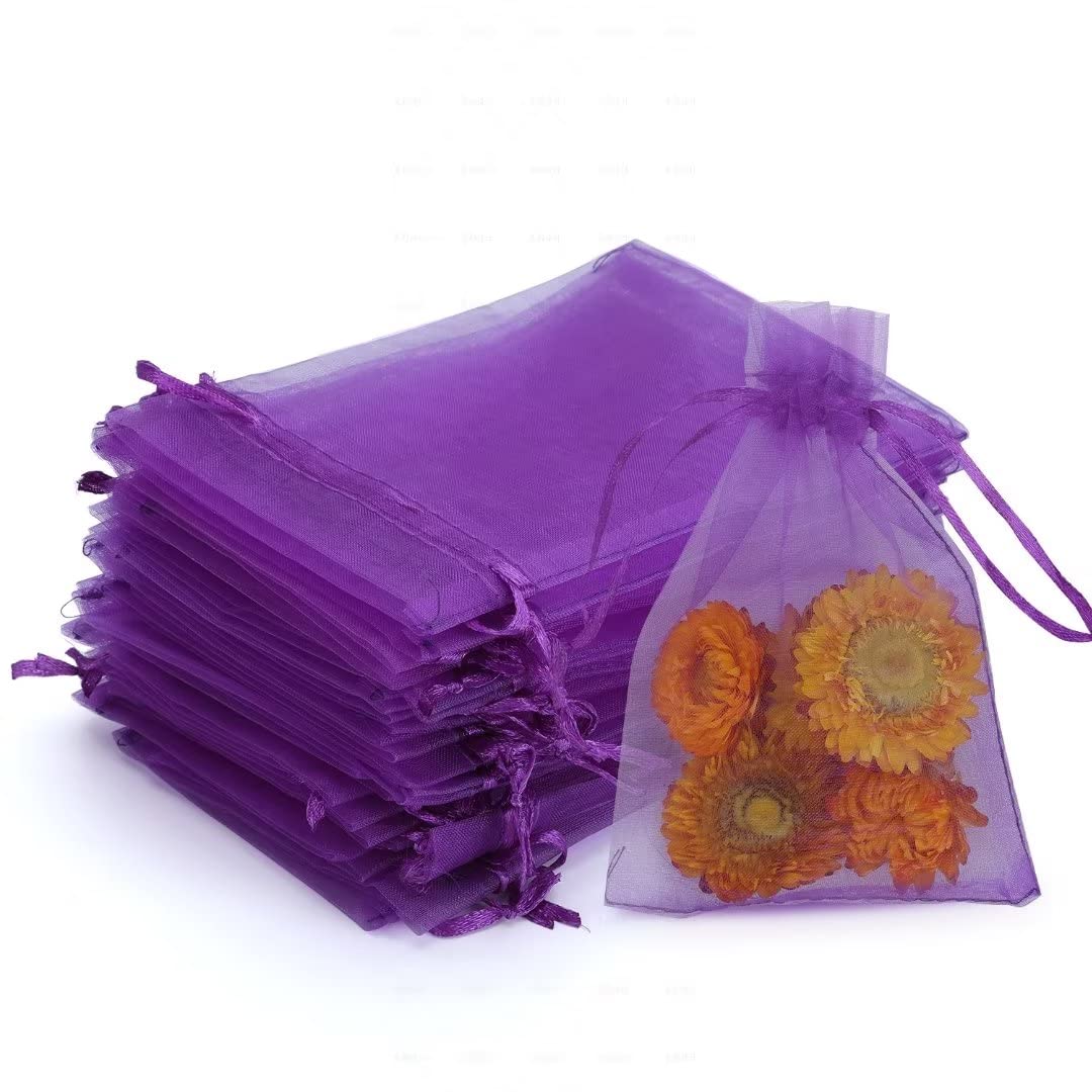 Kslong 100PCS Sheer Organza Bags Drawstring 4x6, Small Jewelry Mesh Bags Drawstring, Mesh Party Wedding Favor Bags for Small Business,Gift,Candy,Bracelet Packaging,Empty Sachet Bags (Purple)