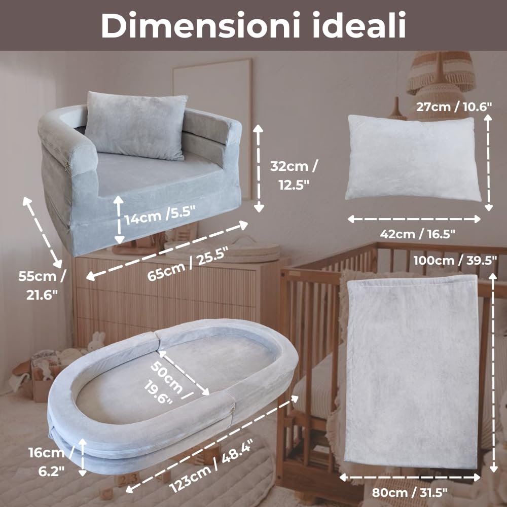 Divano in Schiuma per Bambini con Coperta & Cuscino, Divano Convertibile 3-in-1 Preassemblato per Piccoli, Poltrona Pieghevole da Interno & Letto da Pavimento Apribile per Ragazzi & Ragazze (Grigio)