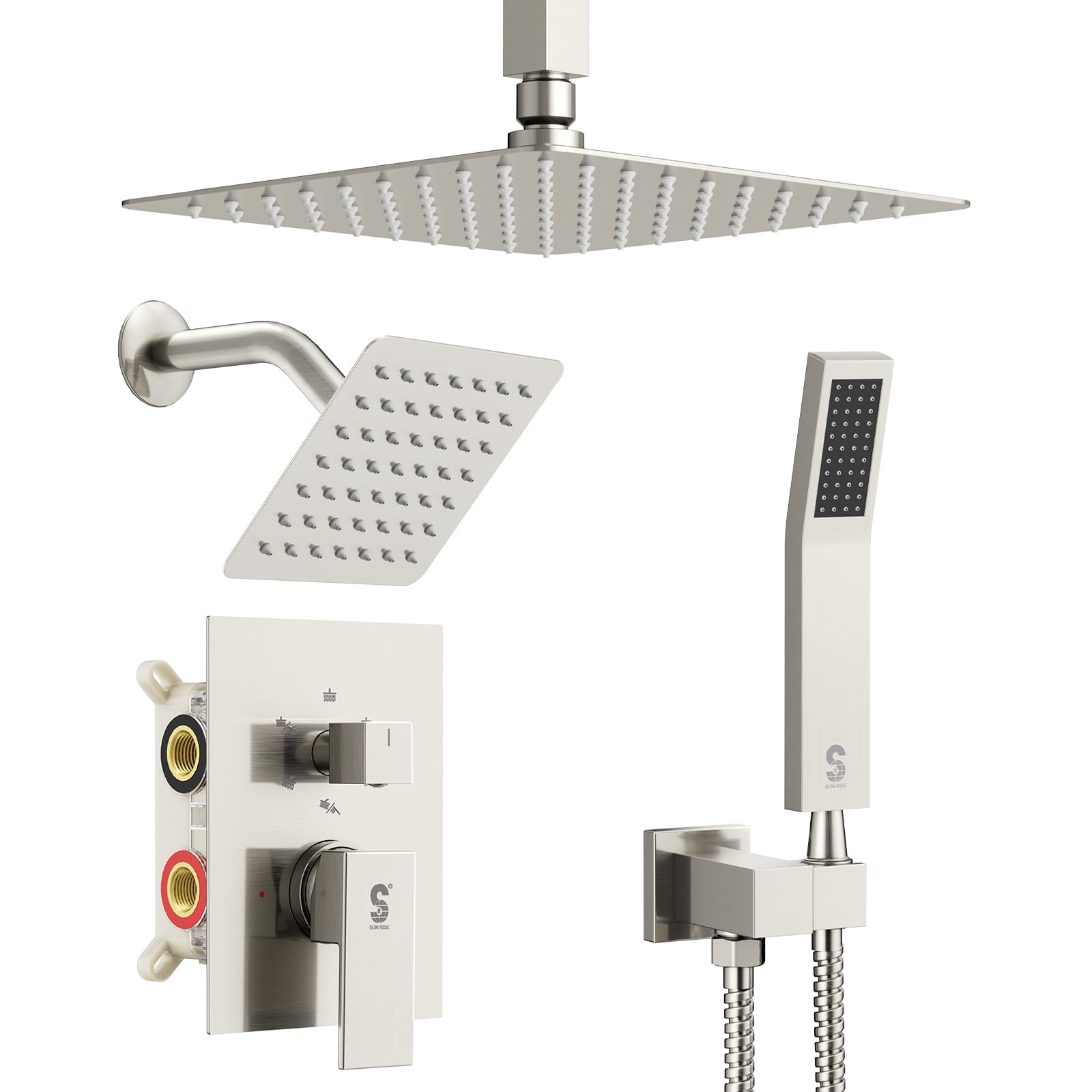 Photo 1 of Shower Faucet Set Shower System - SR SUN RISE Brushed Nickel Shower Trim Kit with Dual Shower Head, 10'' Ceiling Rainfall 6'' Wall Mount with Handheld Shower for Couples, Complete 6 Diverter Valve