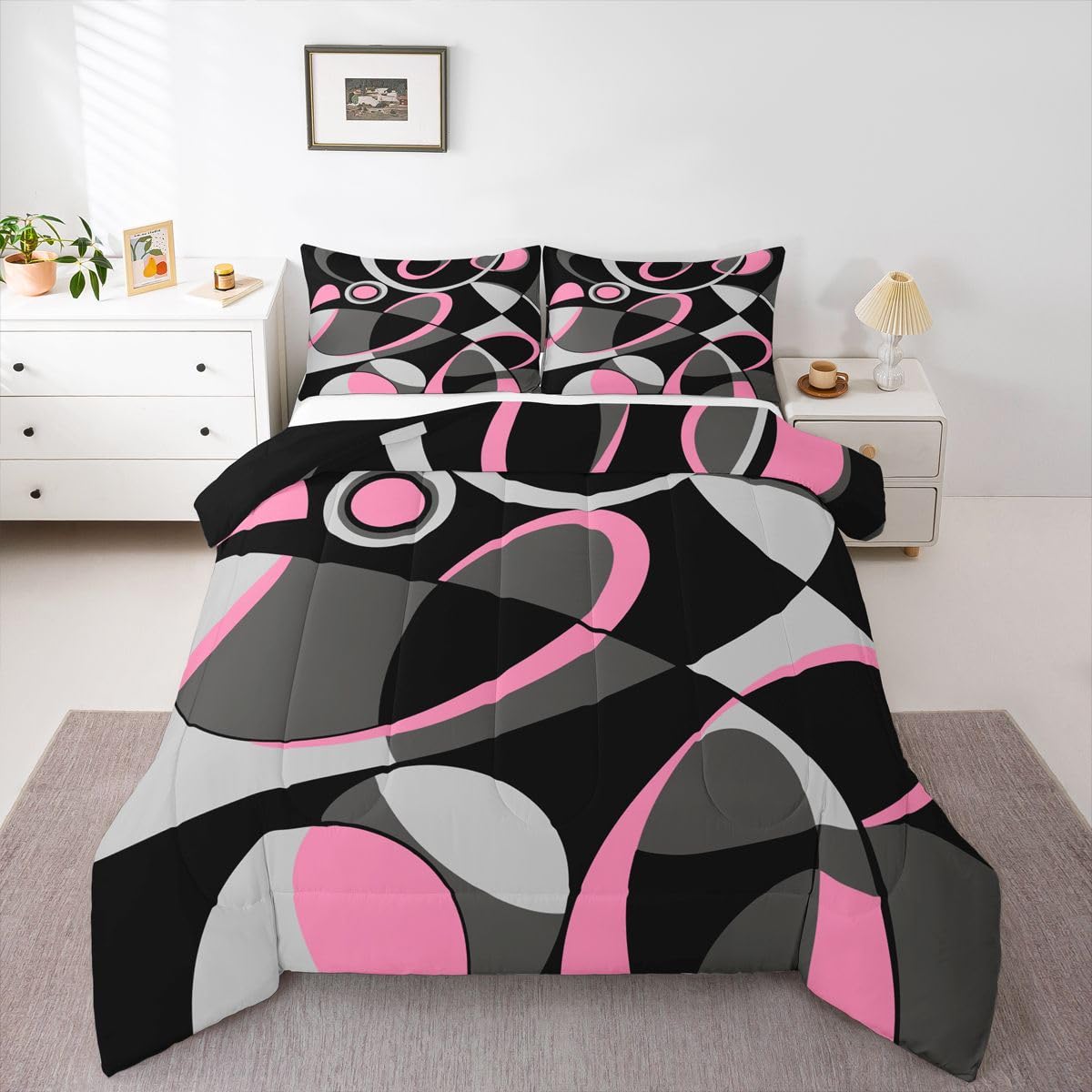Feelyou Pink Grey and Black Comforter Retro Circle Geometrics Comforter Set Modern Abstract Art Bedding Set for Kids Boys Girls Geometrics Swirl Duvet Set Luxury Room Decor Quilt Set Full Size