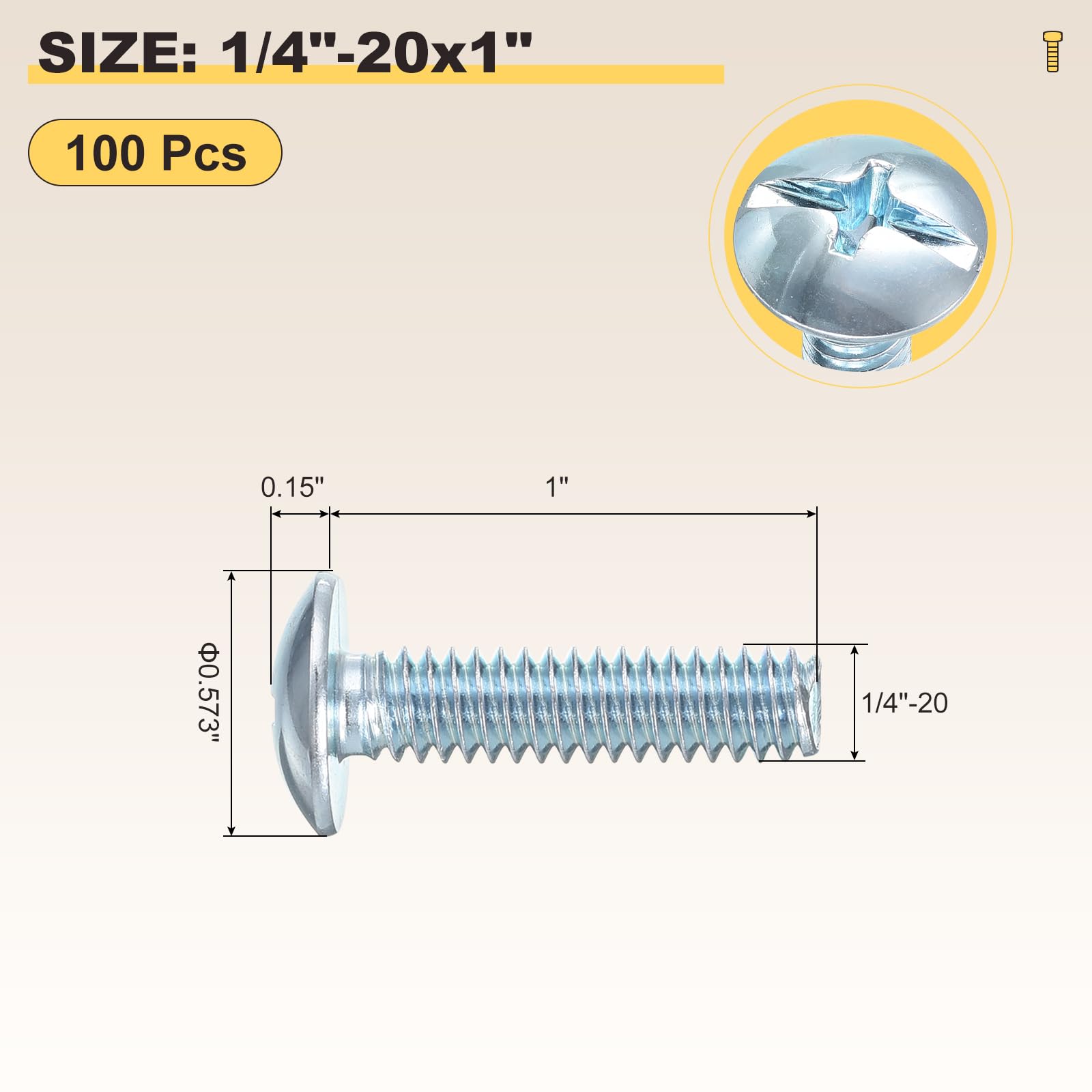 METALLIXITY Machine Screws Phillips Combo Head(1/4"-20x1") 100Pcs, Carbon Steel Round Head Cross Drive Furniture Bolts - Image 2