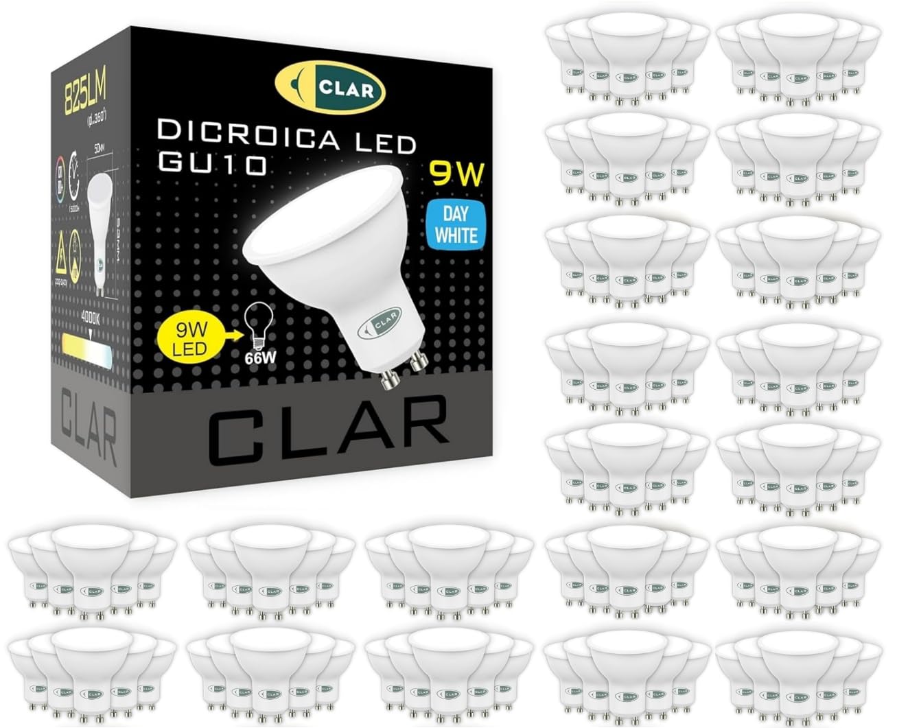 CLAR - GU10 4000K, GU10 LED, Bombilla LED GU10, Ojos de Buey, 9W, Ojo Buey LED (Pack 100)