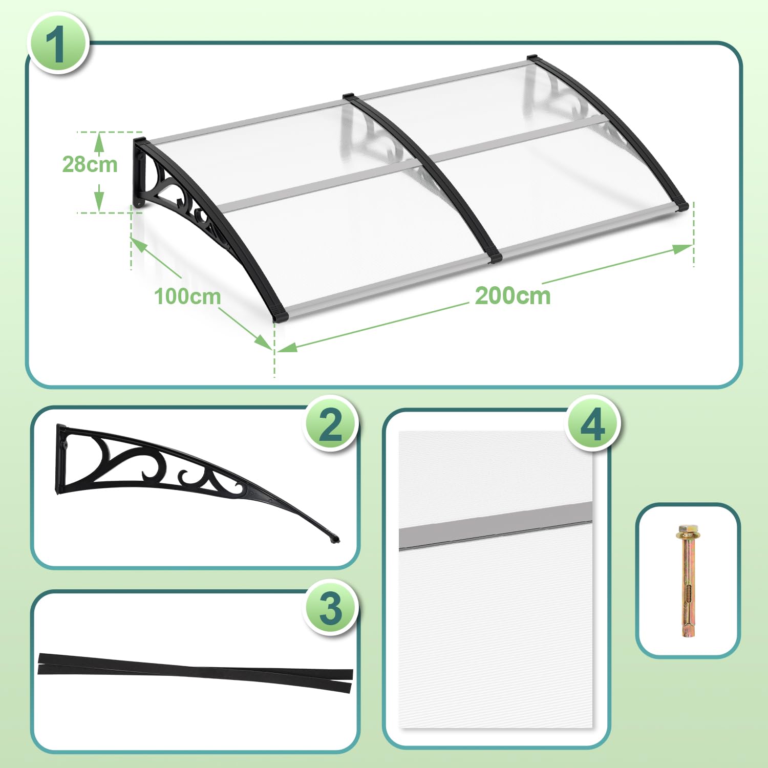 Toldo para Puerta de Entrada con sección Lateral, 100x200cm, Marquesina Transparente de policarbonato de 6 mm y Aluminio, marquesina de Puerta para protección Exterior contra la Lluvia