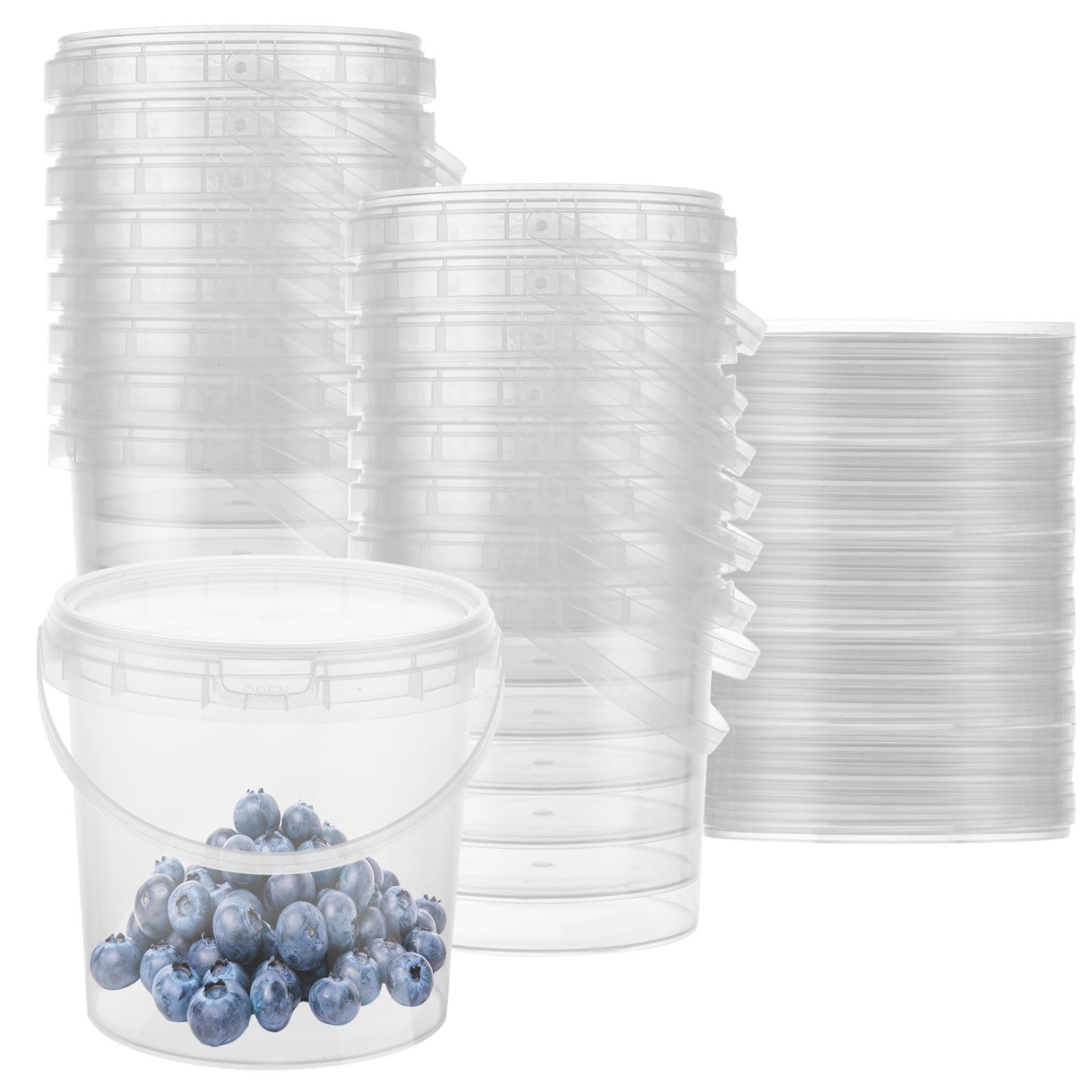30 contenitori in plastica trasparente per gelato, con coperchi e manici, 1000 ml, per snack, frutta, bevande
