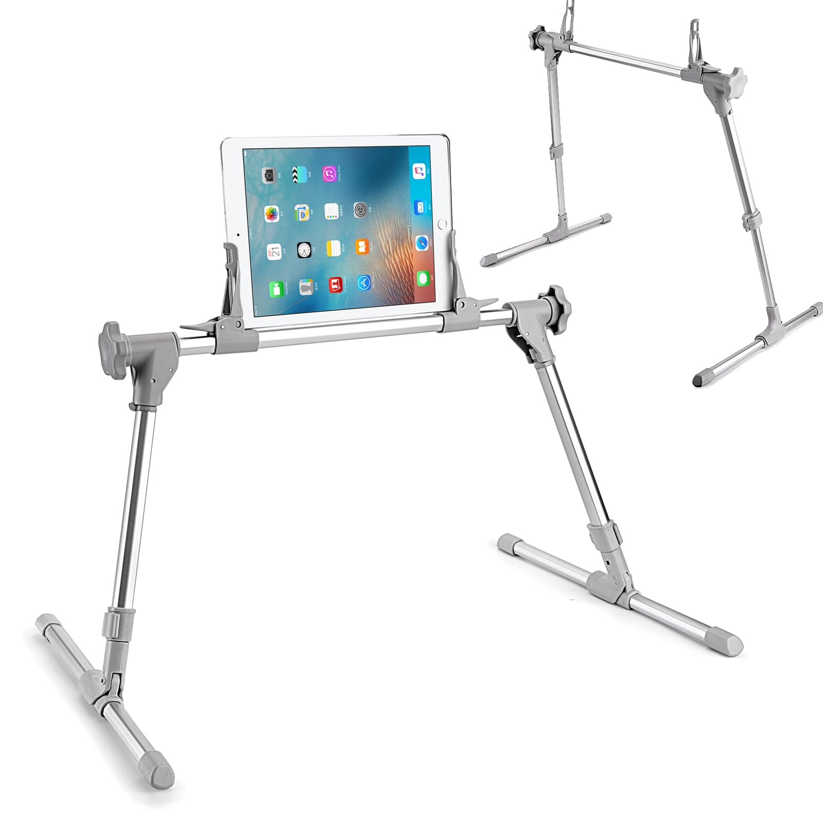 Soporte giratorio de 360° para iPad/tabletas/teléfonos de 0 a 12.9 pulgadas, altura ajustable (13.7-17.7 pulgadas) y soporte de aluminio plegable para cama, sofá, suelo, escritorio, leer, ver