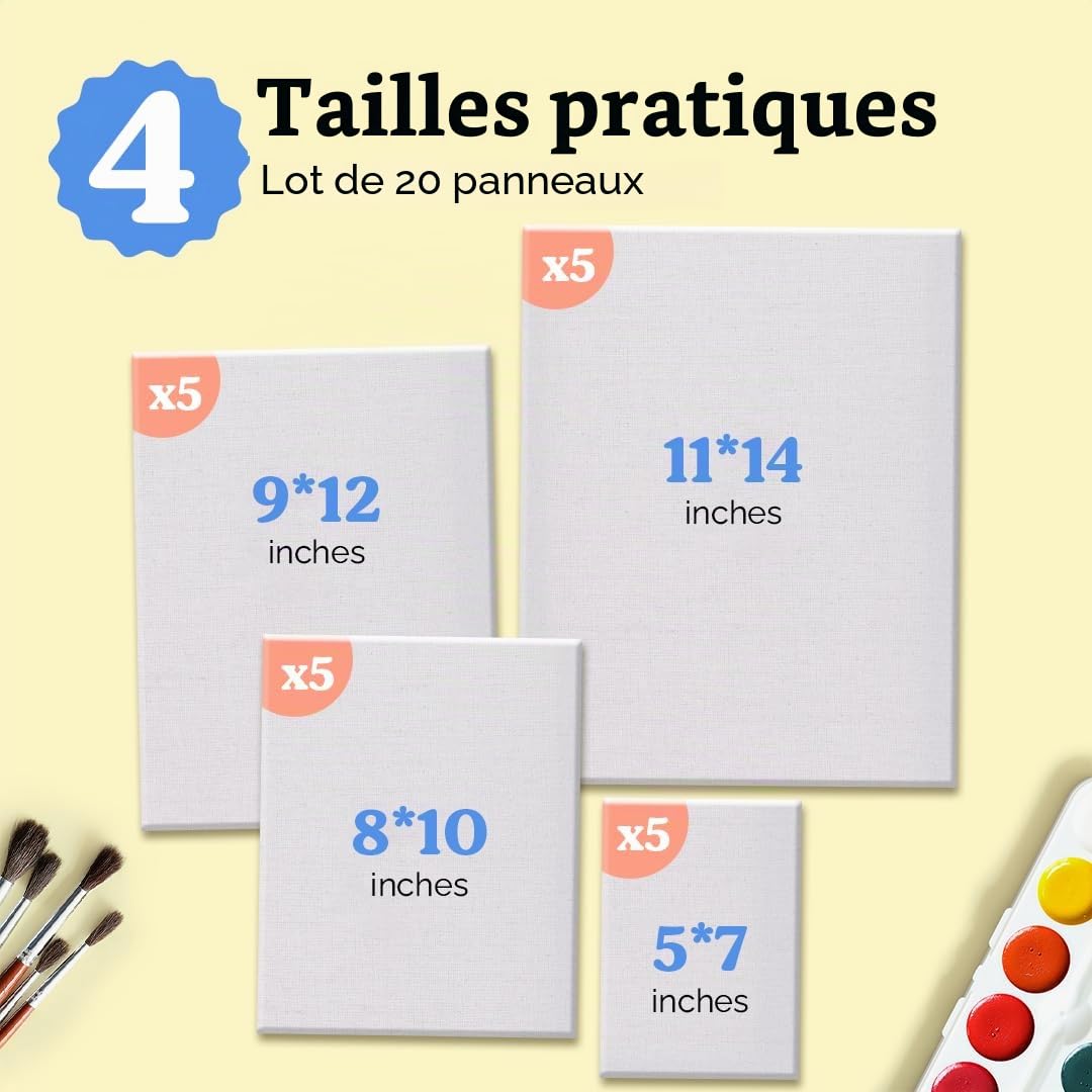 Chalkola Toile Peinture Lot de 20 Toiles à Peindre Formats Assortis 5x7 8x10 9x12 11x14 pouces Coton 100% Carton Entoilé pour Peinture Acrylique Huile Tableau à Peindre Enfants Adultes