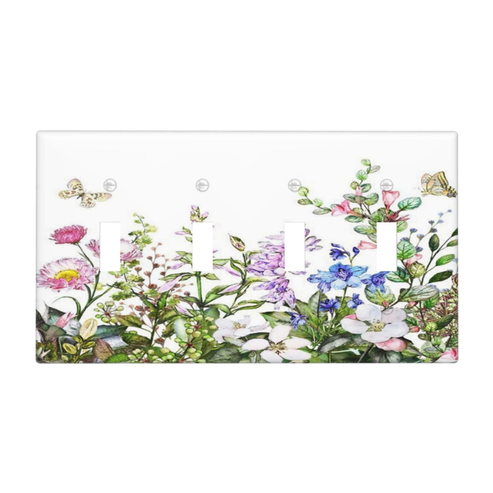LOLREAI Decorative Light Switch Cover Plate Watercolor Wildflower Floral Border 4 Gang Wall Plates Quad Toggle Electrical Switch Plate Covers Outlet Covers Faceplate for Bedroom Home Decor