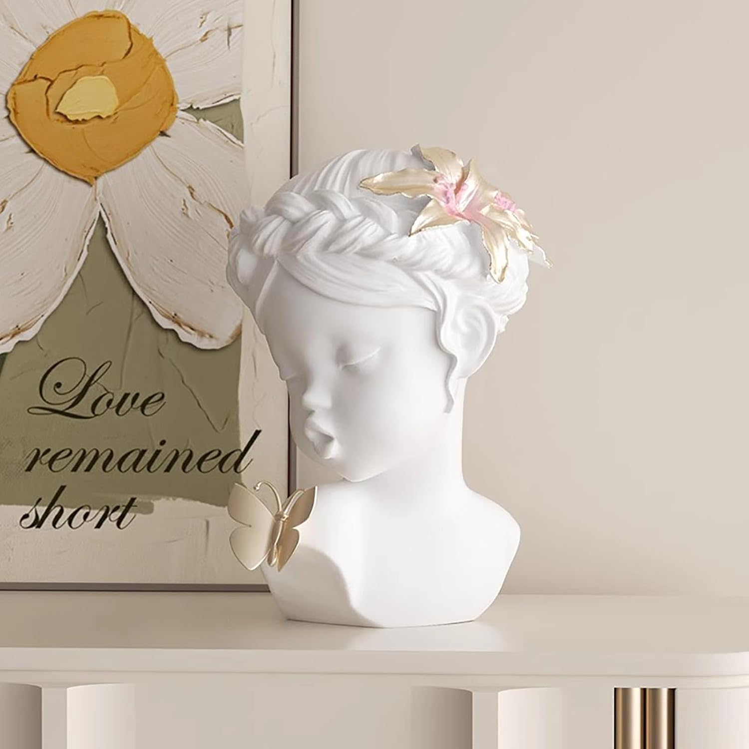 BK&MF Modern Abstract Desktop Resin Bust Sculpture, Blowing Butterfly Girl with Golden Hair Ornament Decor Art, Unique Home Decor & Gift for Her,White,17x15x24cm(7x6x9inch)
