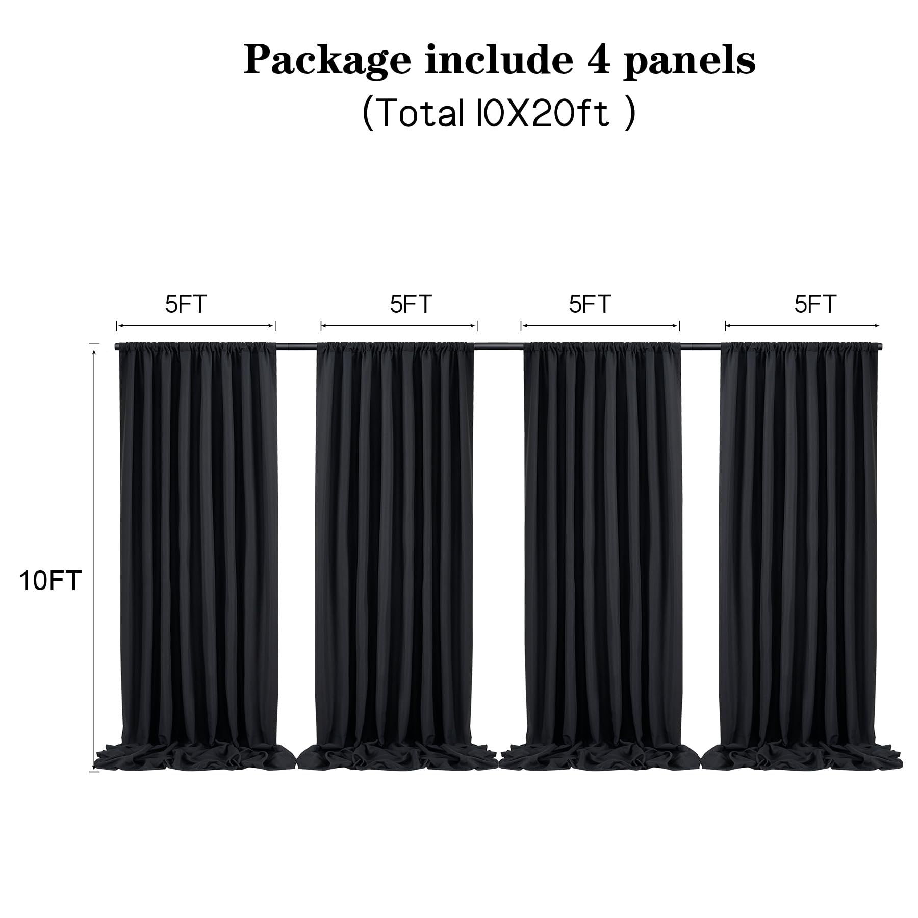 Lot de 4 panneaux de rideaux non transparents en tissu non transparent pour photographie de mariage, fête de mariage, décoration d'intérieur - 3 x 6 m d'épaisseur - Noir