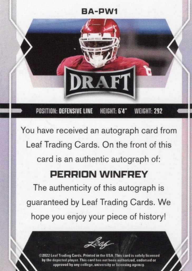 Perrion Winfrey Autographed Red Leaf Rookie Card Collectible Football Card - 2022 Leaf Draft Football Card #BA-PW1 (Browns) Free Shipping