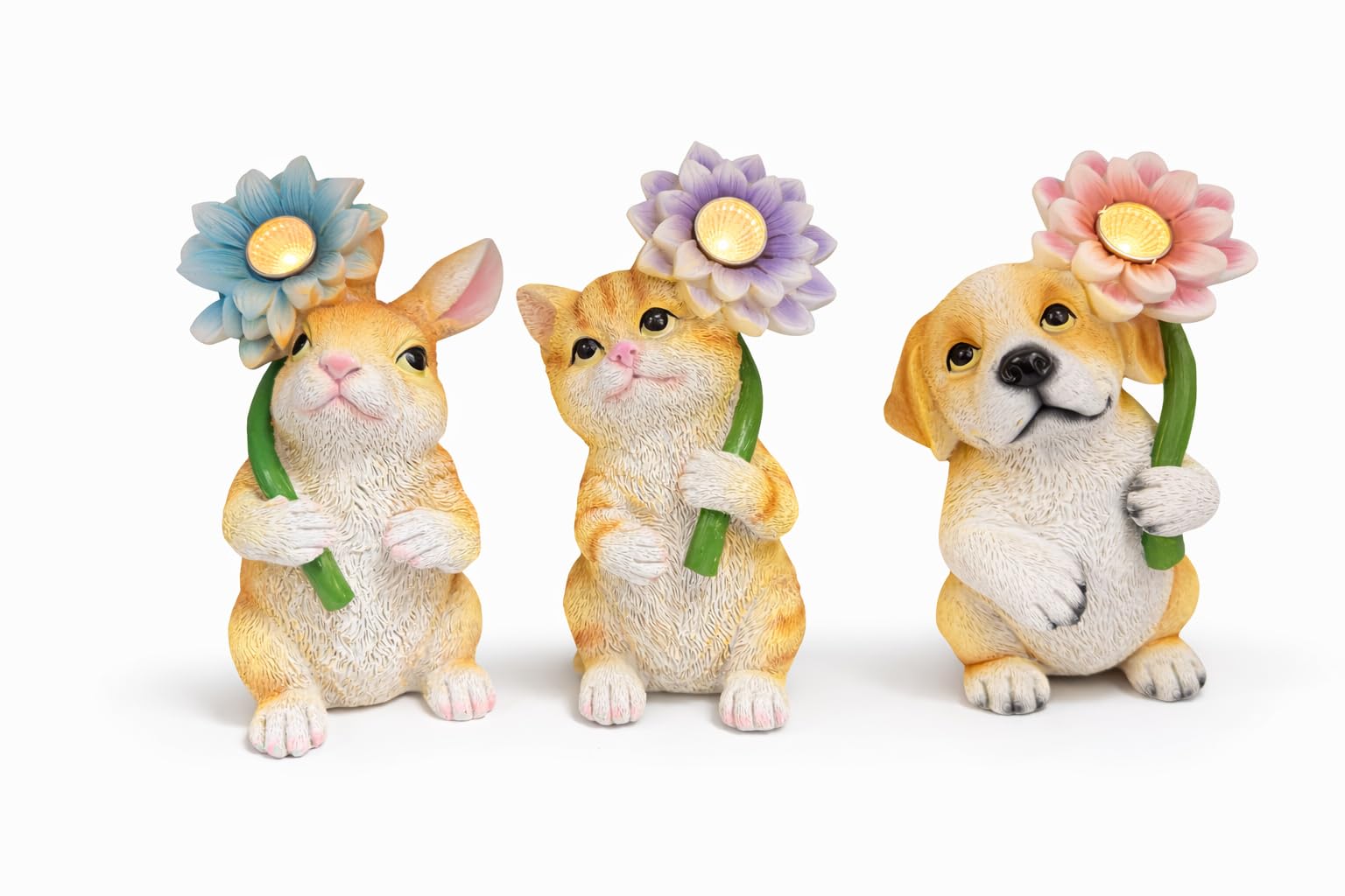 GoGnome Set di 3 luci solari da giardino a forma di animali, statuette in resina a forma di coniglietto, gatto e cane, con fiori a LED caldi, ad energia solare, decorazione per esterni, per giardino