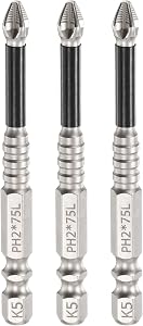 HARFINGTON 3pcs Impact Phillips Screwdriver Bit PH2 (#2) Anti Slip Tip 1/4" Hex Shank 3" (75mm) Long Magnetic Cross Screw Driver Industrial Power Drill Bits for Remove Fastening Screws