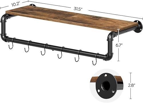 Miniatura 9 de Perchero para ropa de tubería, 31.5 pulgadas montado en la pared con estante superior, perchero industrial con barra para colgar, resistente