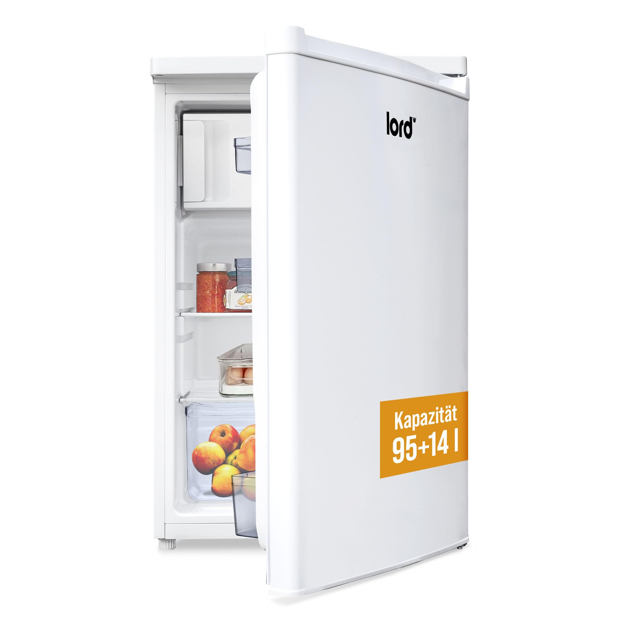 Lord R3 Kühlschrank mit Gefrierfach, 85 cm hoch, 109 L, Energieklasse D, leise 37 dB, freistehend - Mini Kühlschrank mit 14 L Gefrierfach, weiß