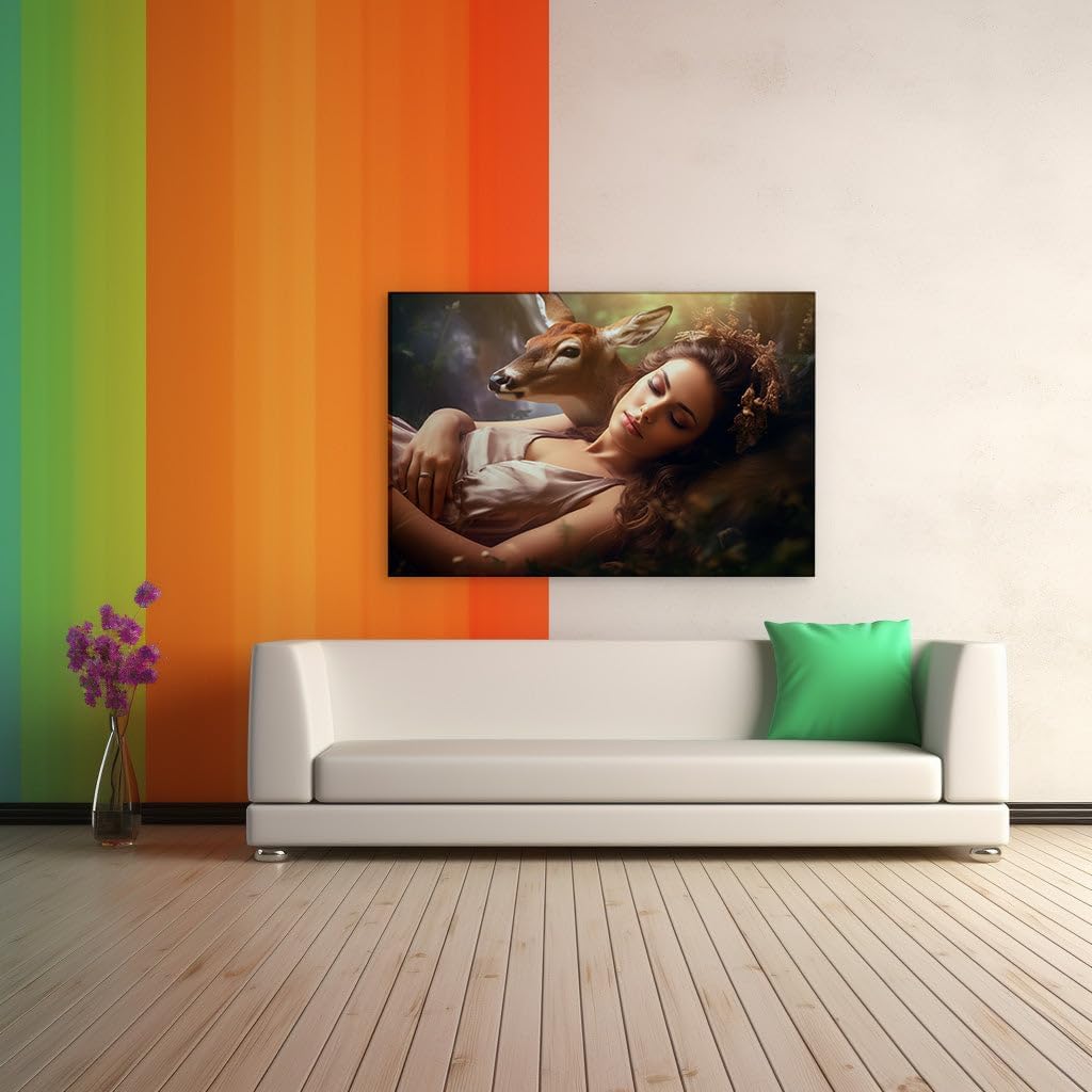 Canvas for Living room. Slumbering Beauty in Gold: A Dreamlike Encounter with a Forest Fawn, 27 x 18 inch Canvas Wall Art - Watercolor Painting - Modern Home Decor - 69x46 cm (27x18 inch)