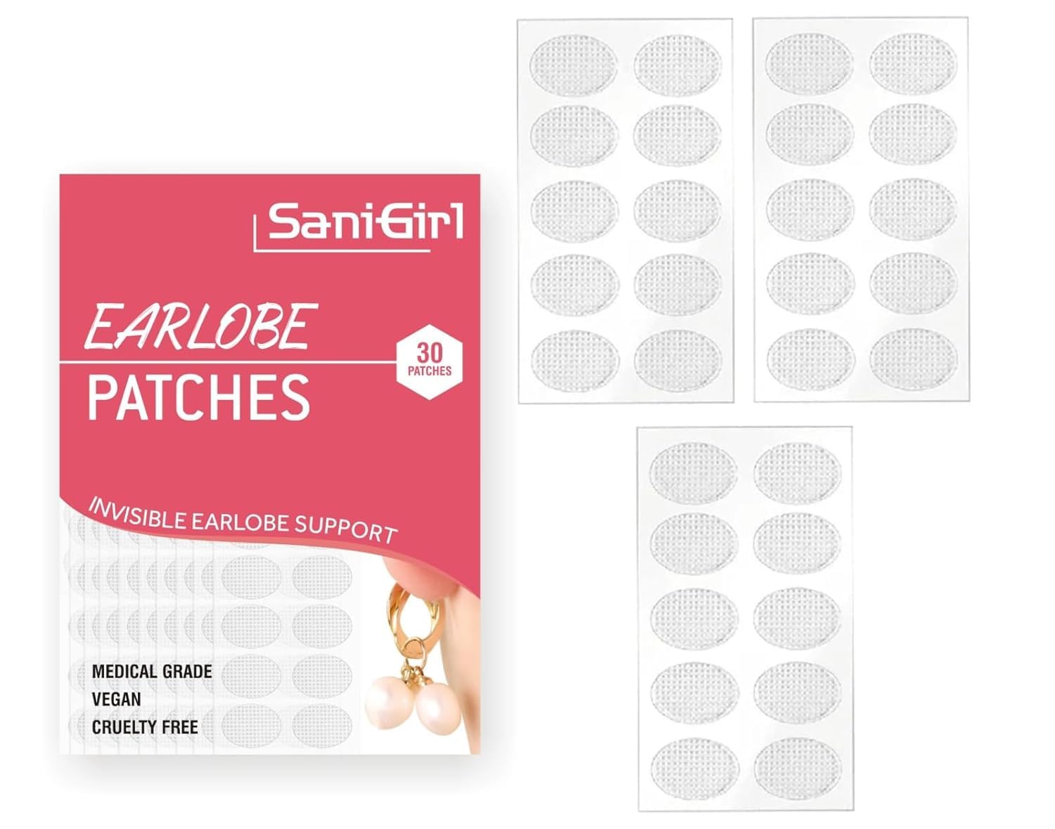 SaniGirl Invisible Ear Lobe Support Patches for Heavy Earrings - 30 Pcs, Ear Lobe Tape & Stickers, Earring Support for Girls & Women, Eliminates the Look of Torn, Ideal for Heavy Earrings & Jhumkas (Pack of 3) (B0CMXTQNMJ) Amazon Price History, Amazon Price Tracker