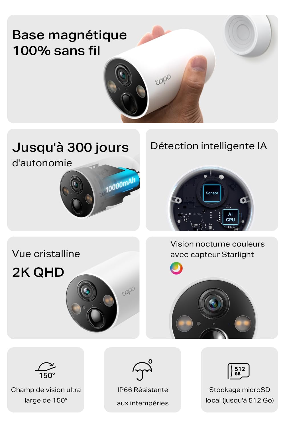 Tapo C425 2.5K(4MP) Caméra de Surveillance WiFi Extérieure sans Fil Batterie 10 000mAh, Autonomie de 300j, AI Détection, Vision Nocturne en Couleur, IP66 Etanche, Aucune hub requis(Base magnétique)