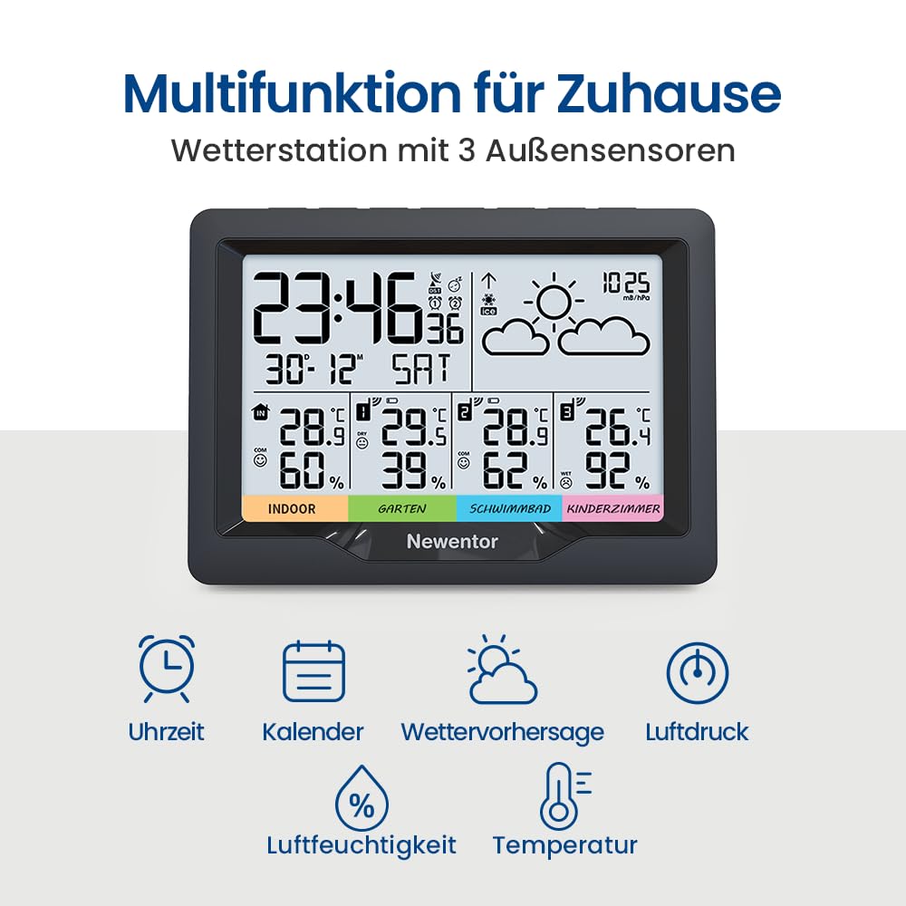 Newentor Wetterstation Funk mit 3 Außensensor Innen und Außen Thermometer Hygrometer DCF-Funkuhr Multifunktionale Funkwetterstation mit Wettervorhersage
